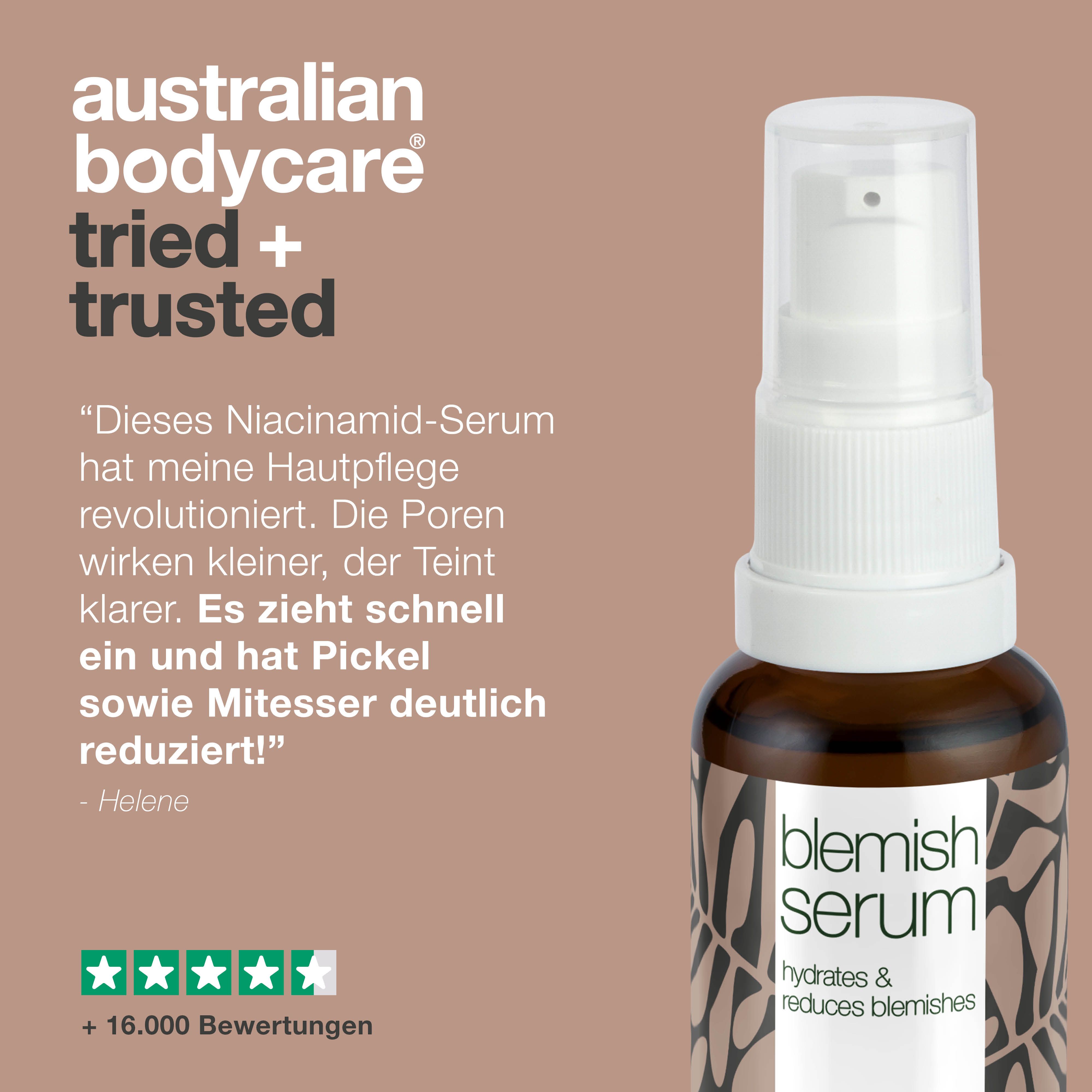 Text und Flasche Blemish Serum. Aufschrift: Blemish Serum, hydratisiert & reduziert Hautunreinheiten. Marke: Australian Bodycare.