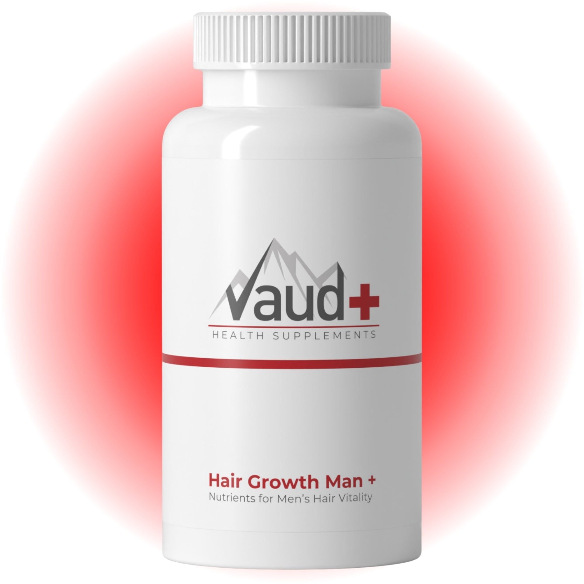 Weiße Flasche mit rotem Etikett. Aufschrift: Vaud+ Health Supplements. Text: Hair Growth Man + Nutrients for Men's Hair Vitality.