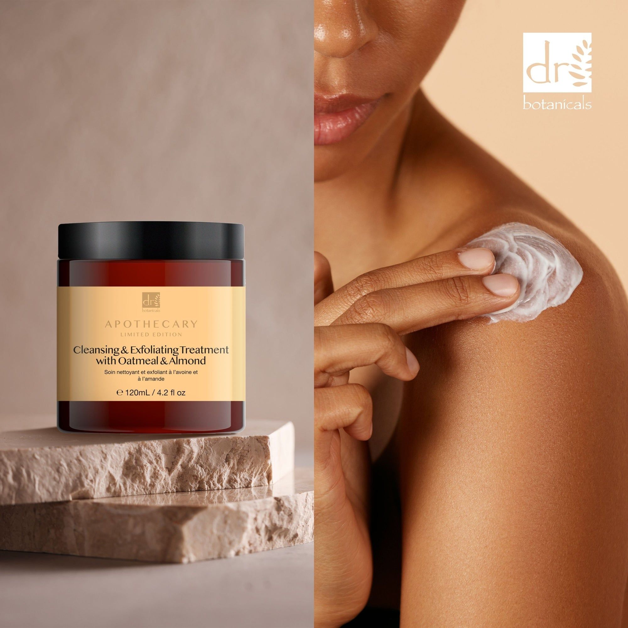 Braune Dose und Person, die Creme auf die Schulter aufträgt. Cleansing & Exfoliating Treatment with Oatmeal & Almond.