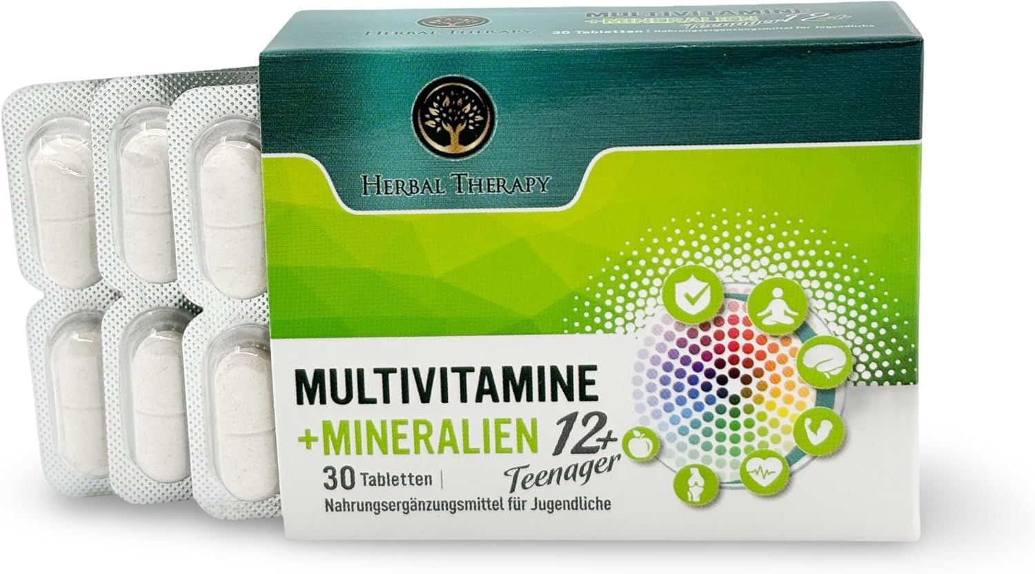 Packung mit Tabletten und Blisterpackungen. Aufschrift: Multivitamine + Mineralien, 30 Tabletten, Herbal Therapy.