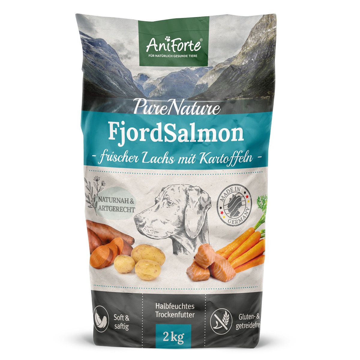 Beutel AniForte Trockenfutter FjordSalmon. Aufdruck: Lachs, Kartoffeln, Hund, 2 kg, Natur & Artgerecht, Made in Germany.