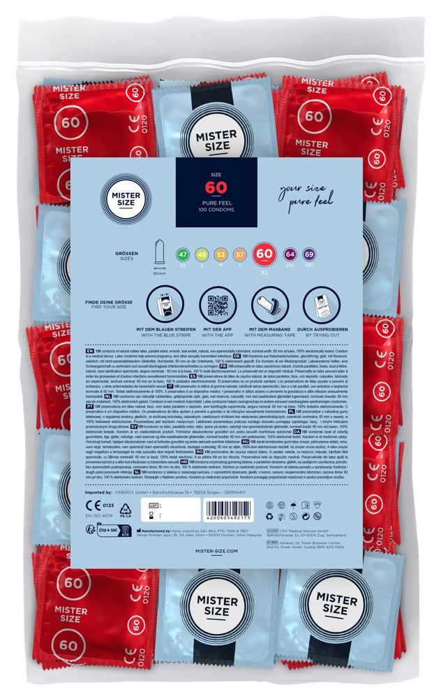 Verpackung mit Kondomen. Rückseite mit Produktinformationen. Aufdruck: Mister Size, 60.