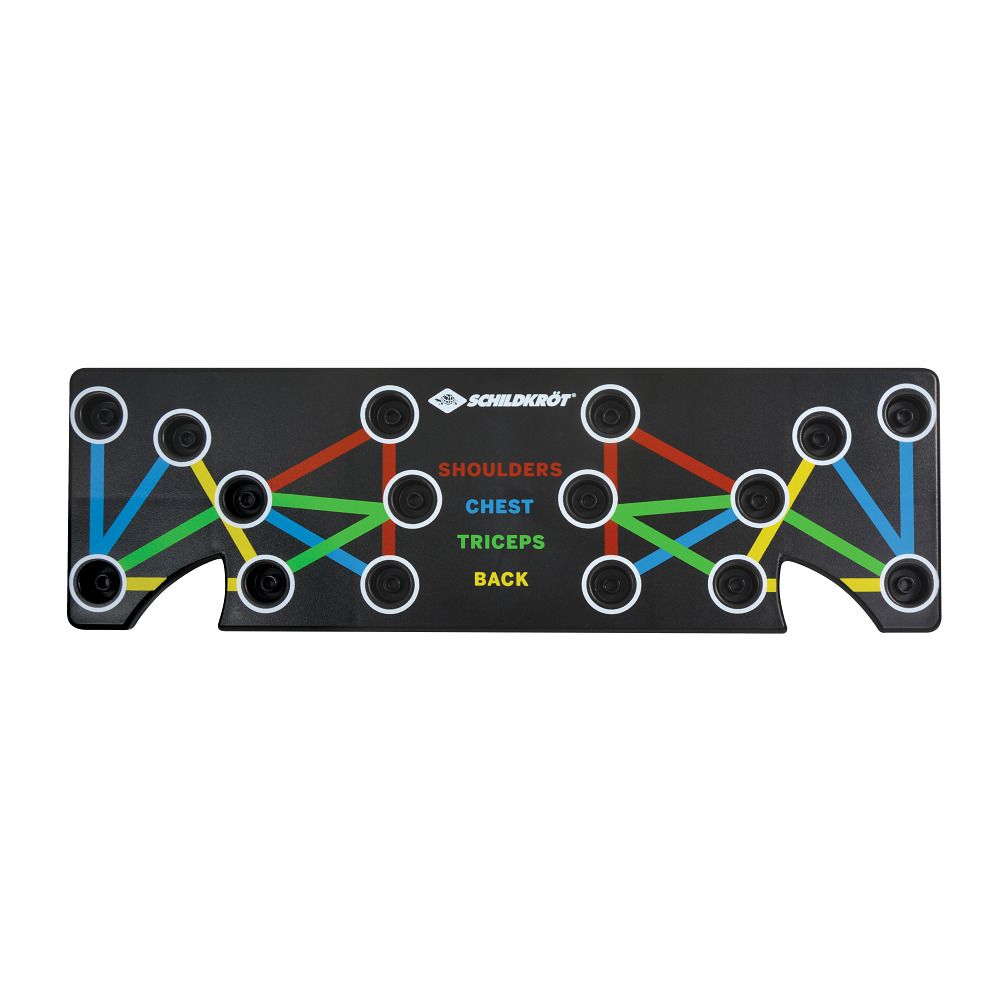 Schwarzes Push-Up-Board mit farbigen Linien für Schultern, Brust, Trizeps und Rücken. Keine Griffe sichtbar.