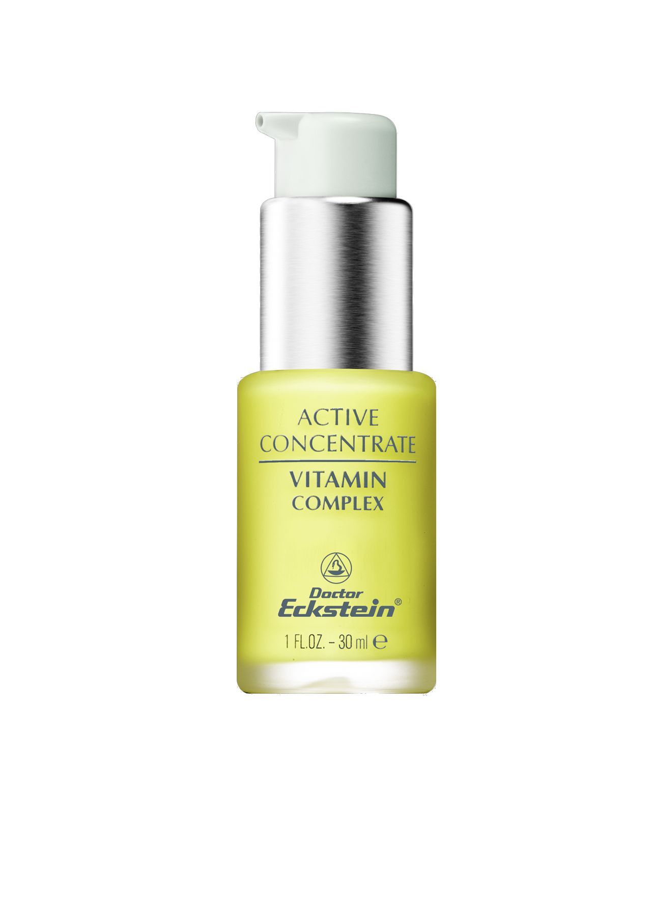 Gelbe Flasche mit silberner Pumpe. Beschriftung: Active Concentrate Vitamin Complex. Marke: Doctor Eckstein.
