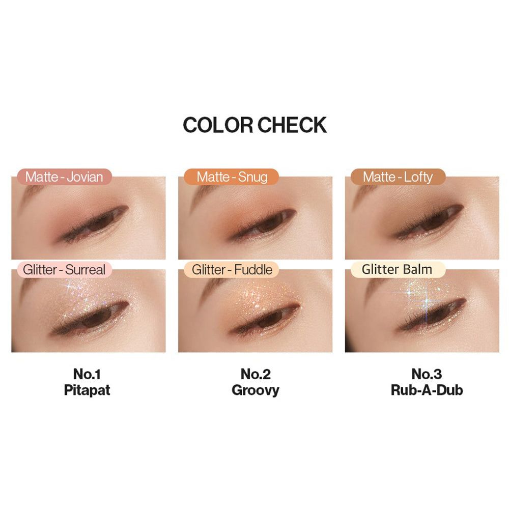 Nahaufnahme von Augen mit verschiedenen Lidschattenfarben. Text: COLOR CHECK, Matte-Jovian, Matte-Snug, Matte-Lofty, Glitter-Surreal, Glitter-Fuddle, Glitter Balm.