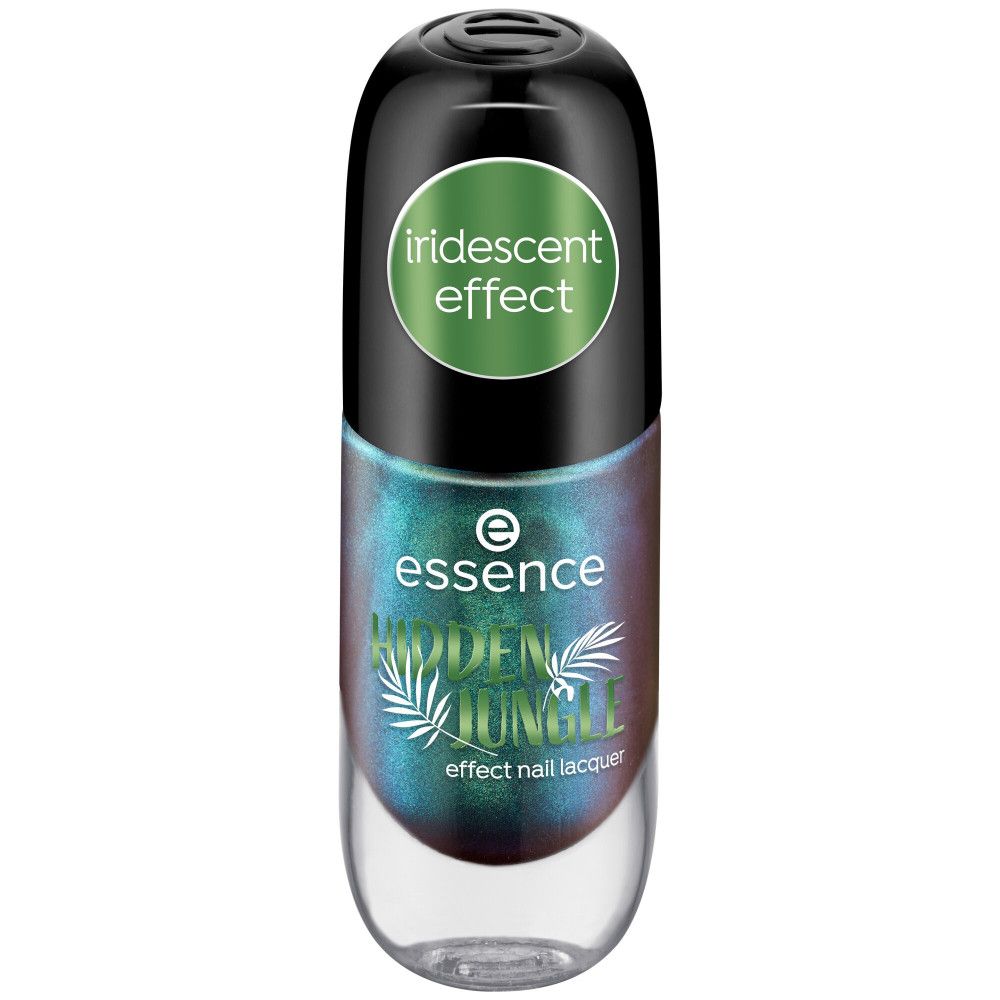 Nagellackflasche mit geschlossenem Deckel. Sichtbar: Marke, Produktname, grüne und blaue Farbe. Auf dem Deckel: "iridescent effect".