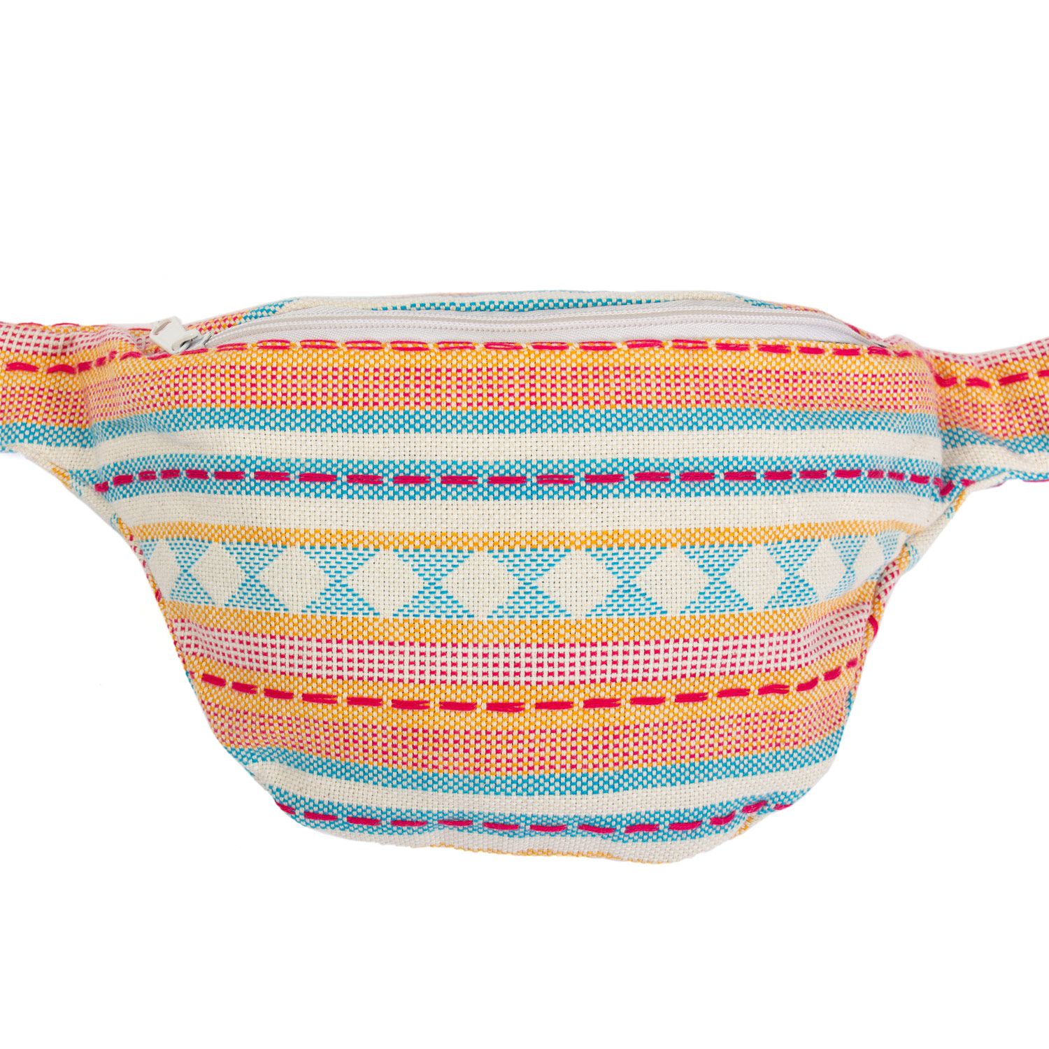 Bauchtasche mit apricot-hellblauem Jacquard-Webstoff-Muster. Reißverschluss oben. Mehrfarbiges, gestreiftes Muster.