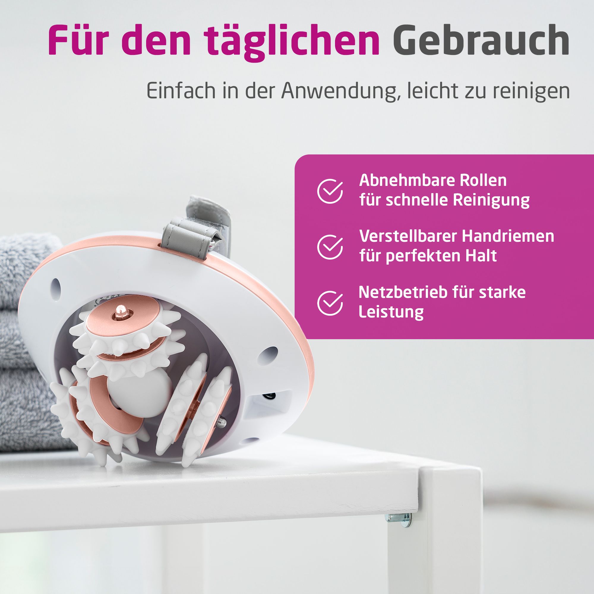 Detailansicht des Massagegeräts mit abnehmbaren Rollen und Getriebe.