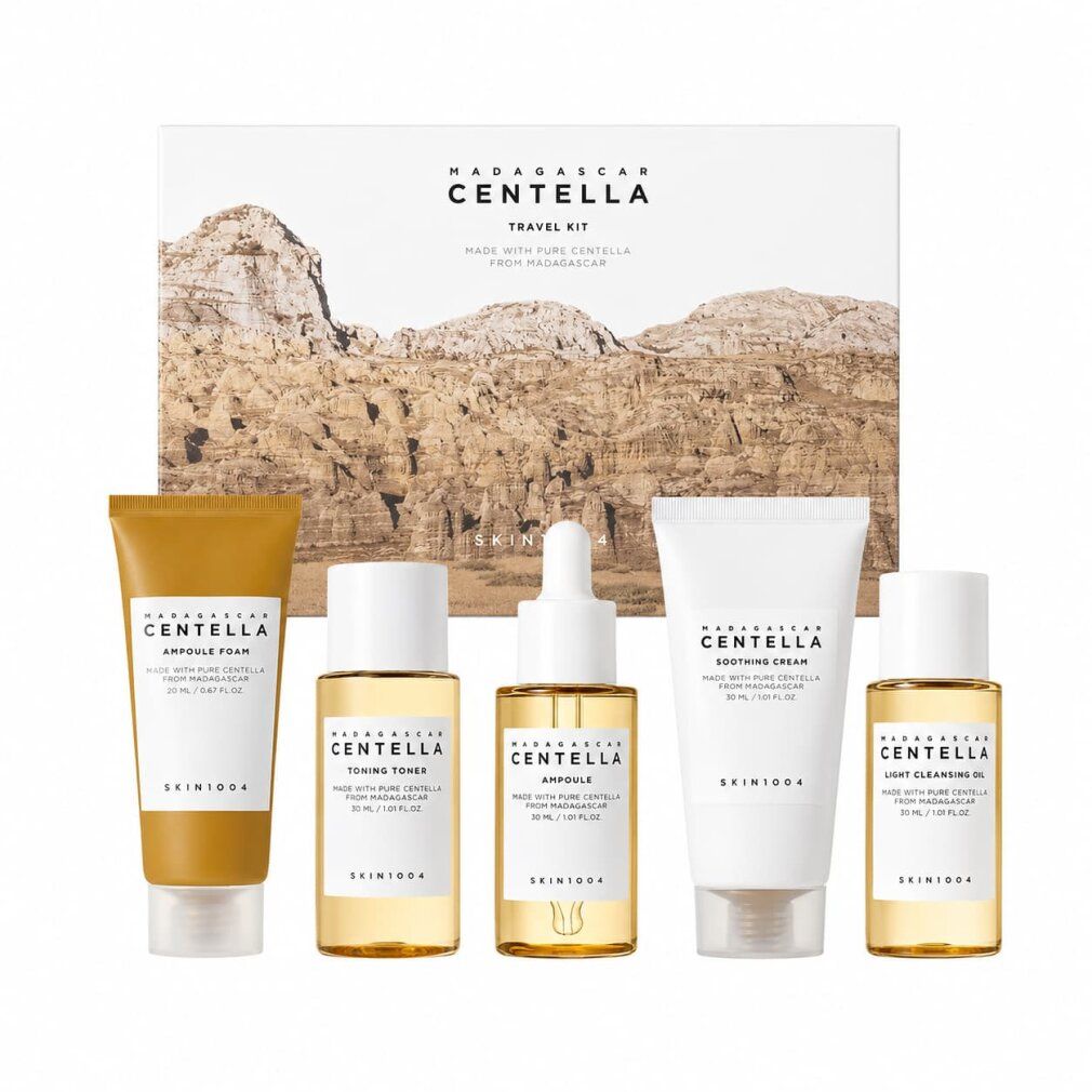 Madagascar Centella Travel Kit Geschenkset mit fünf Produkten: Ampoule Foam, Toning Toner, Ampoule, Soothing Cream, Light Cleansing Oil.