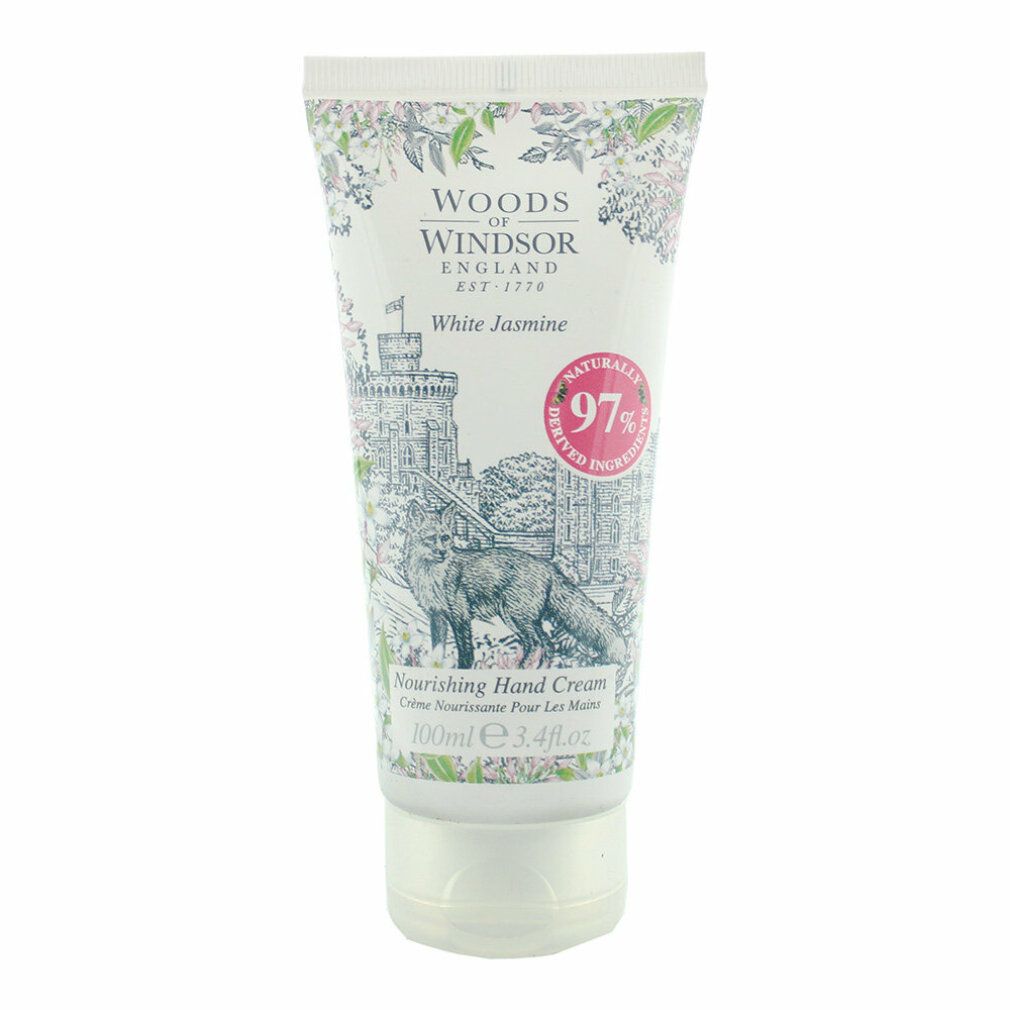 Creme-Tube mit floralem Design und Schloss-Illustration. Text: "Woods of Windsor", "White Jasmine", "Nourishing Hand Cream".