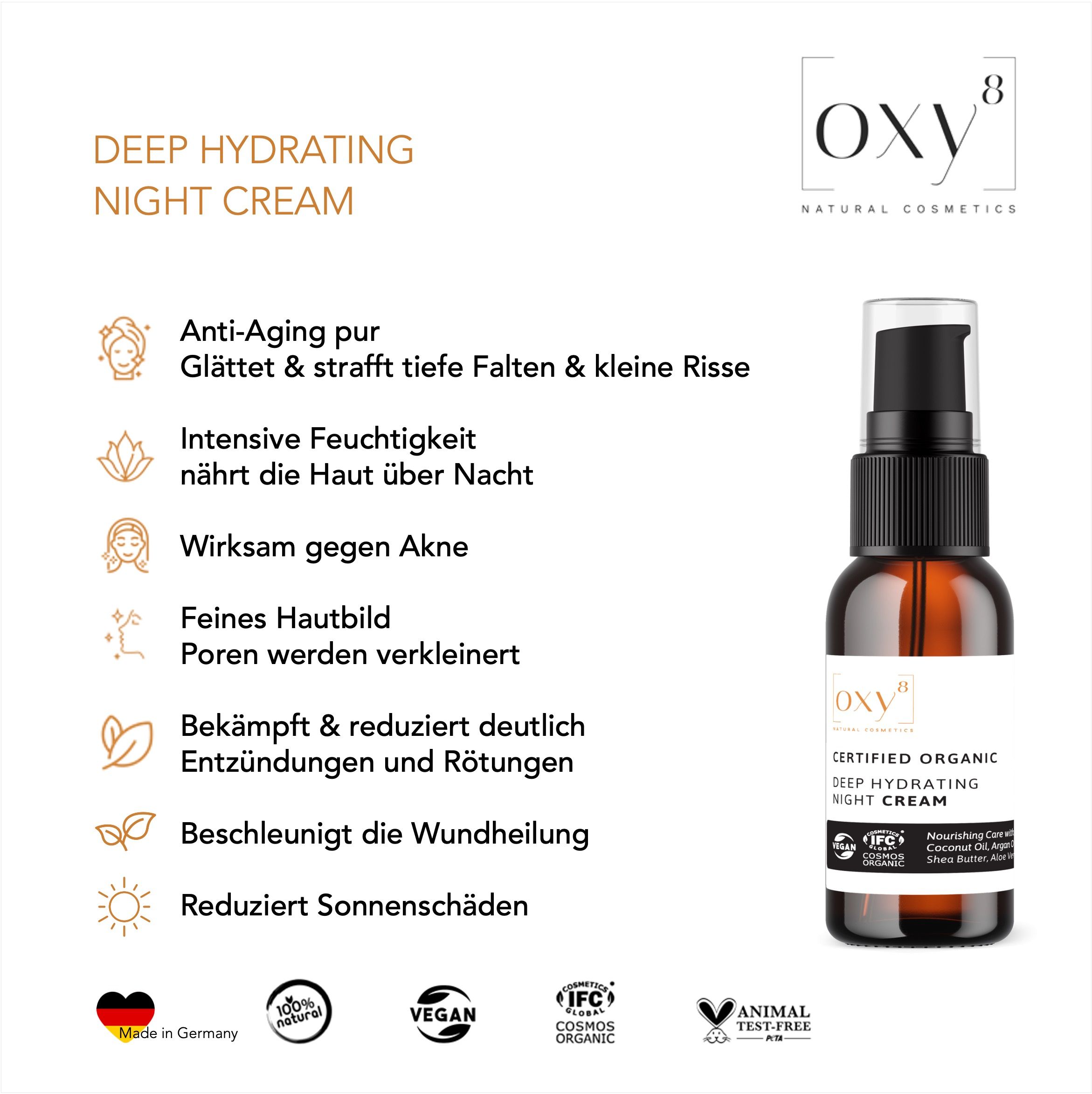 oxy8 Naturkosmetik Deep Hydrating Night Cream - Anti Aging Nachtcreme. Glättet Falten, nährt d. Haut 50 ml Nachtcreme