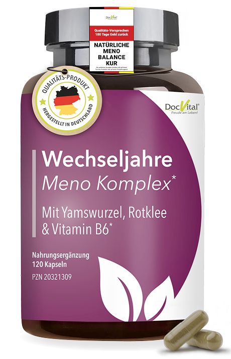 Braune Flasche mit Kapseln. Aufschrift: Wechseljahre Meno Komplex, Yamswurzel, Rotklee & Vitamin B6. Siegel: Qualitäts-Produkt.