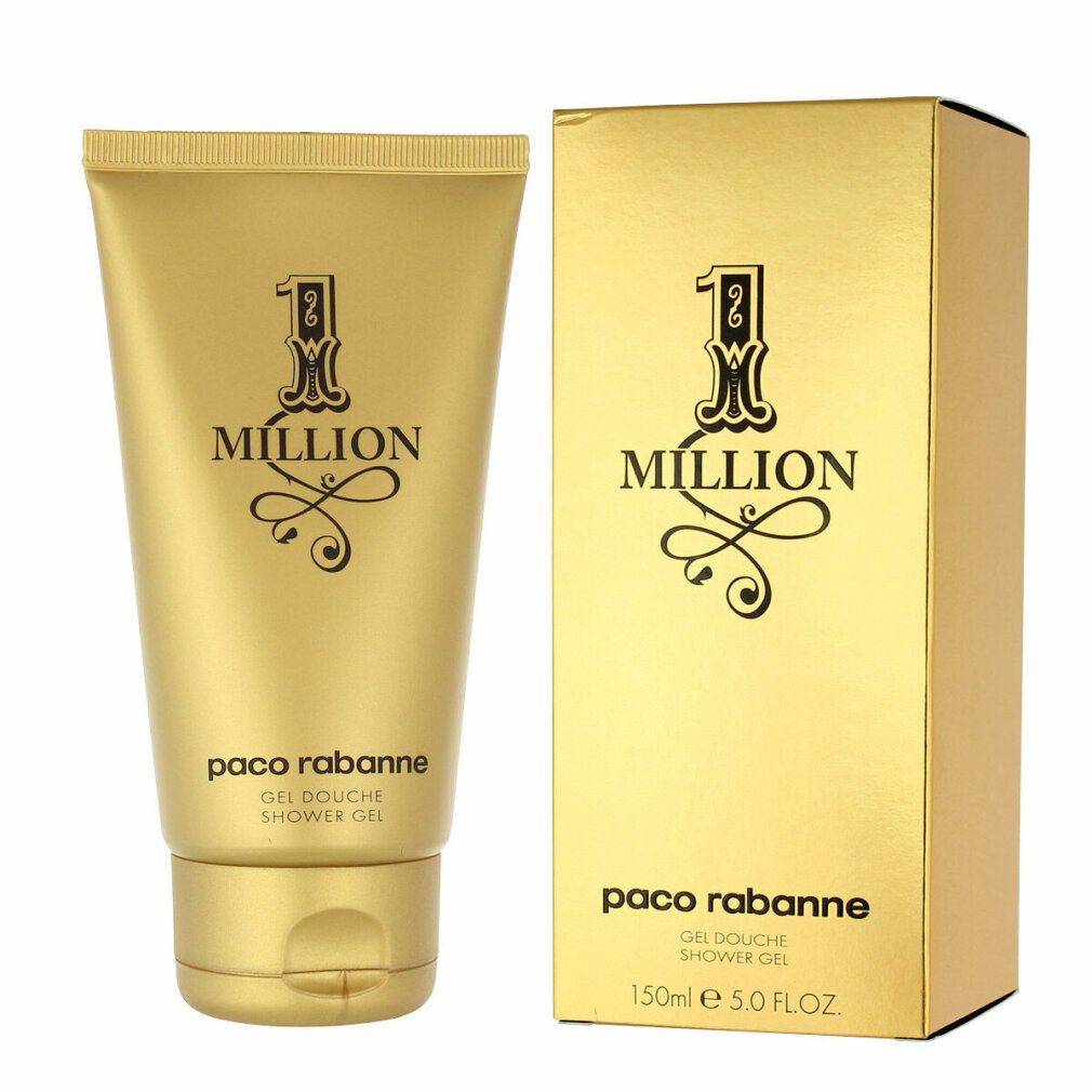 Goldfarbene Tube und Schachtel. Schwarzes "1 Million" Logo und Schriftzug "paco rabanne". Gel Douche/Shower Gel.