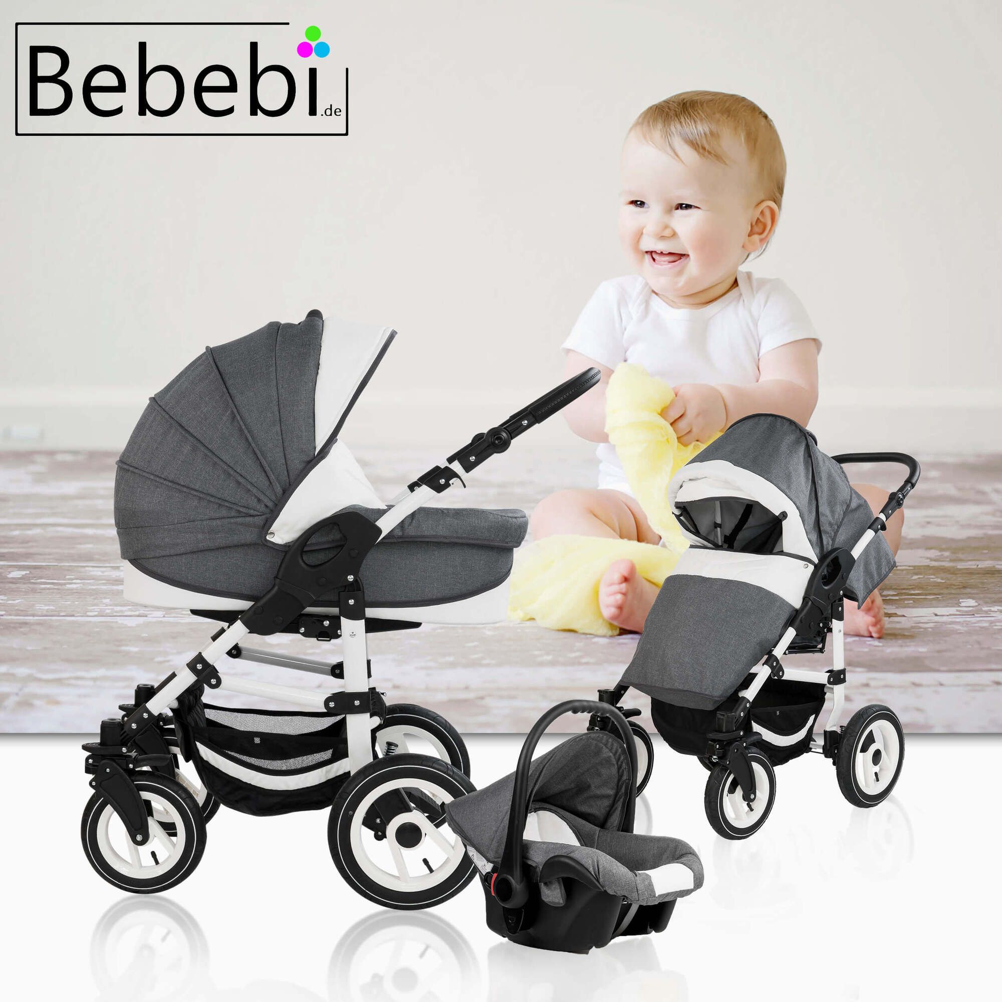Bebebi Florenz 4 in 1 Kinderwagen Komplettset ISOFIX Basis Luftreifen, Marco Darkgrey White