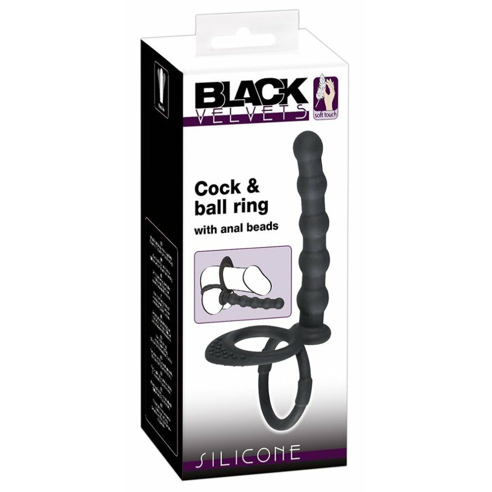 Verpackung von Black Velvets. Enthält einen Penis-/Hodenring mit Analdildo. Produktname: Cock & ball ring with anal beads.
