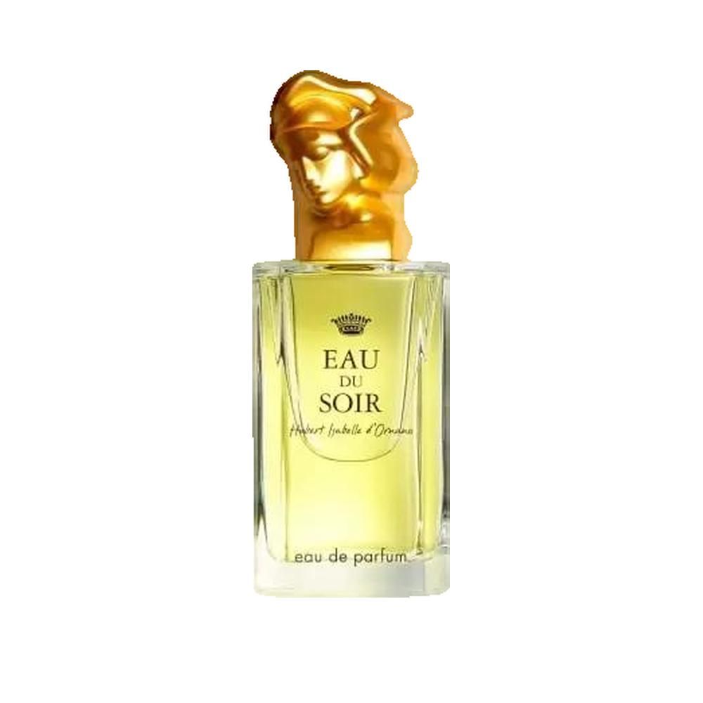 Glasflakon mit goldfarbenem Deckel, der eine Frauendarstellung zeigt. Aufschrift: Eau du Soir, Hubert Isabelle d'Ornano. Parfum.