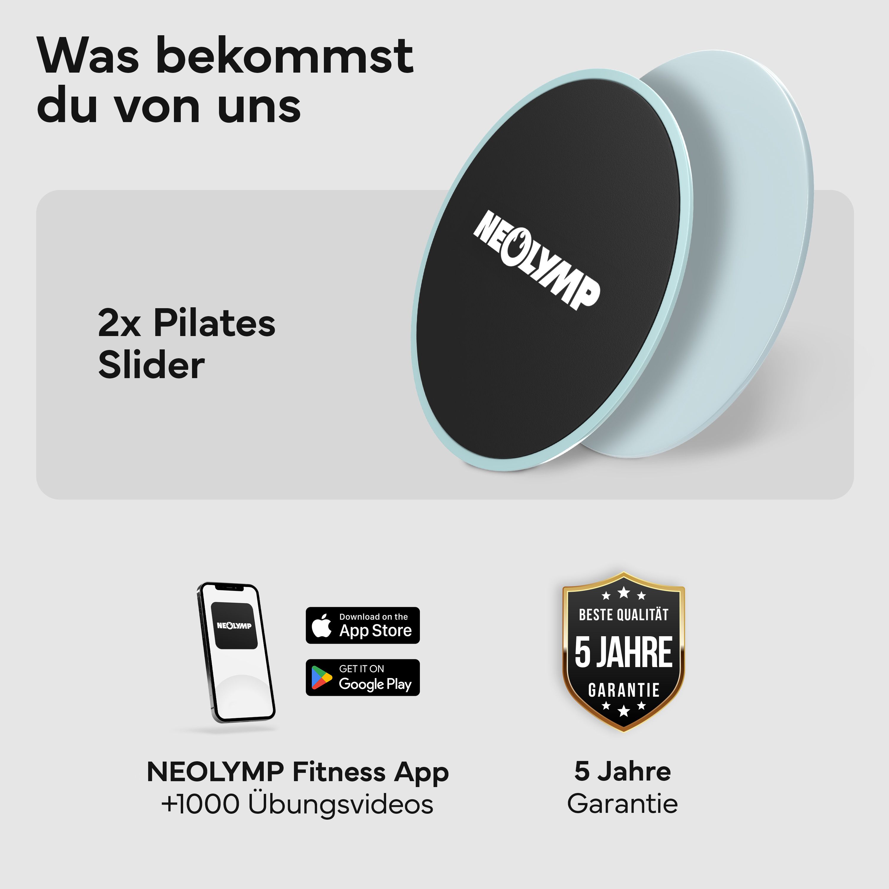Zwei NEOLYMP Pilates Slider, App-Download-Hinweis und 5 Jahre Garantie-Siegel.