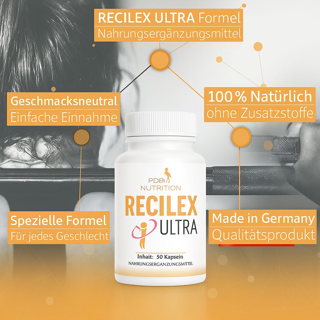 Weiße Kapsel-Dose mit RECILX ULTRA, PD9 Nutrition Logo. Text: Spezielle Formel, 100% natürlich, Made in Germany.