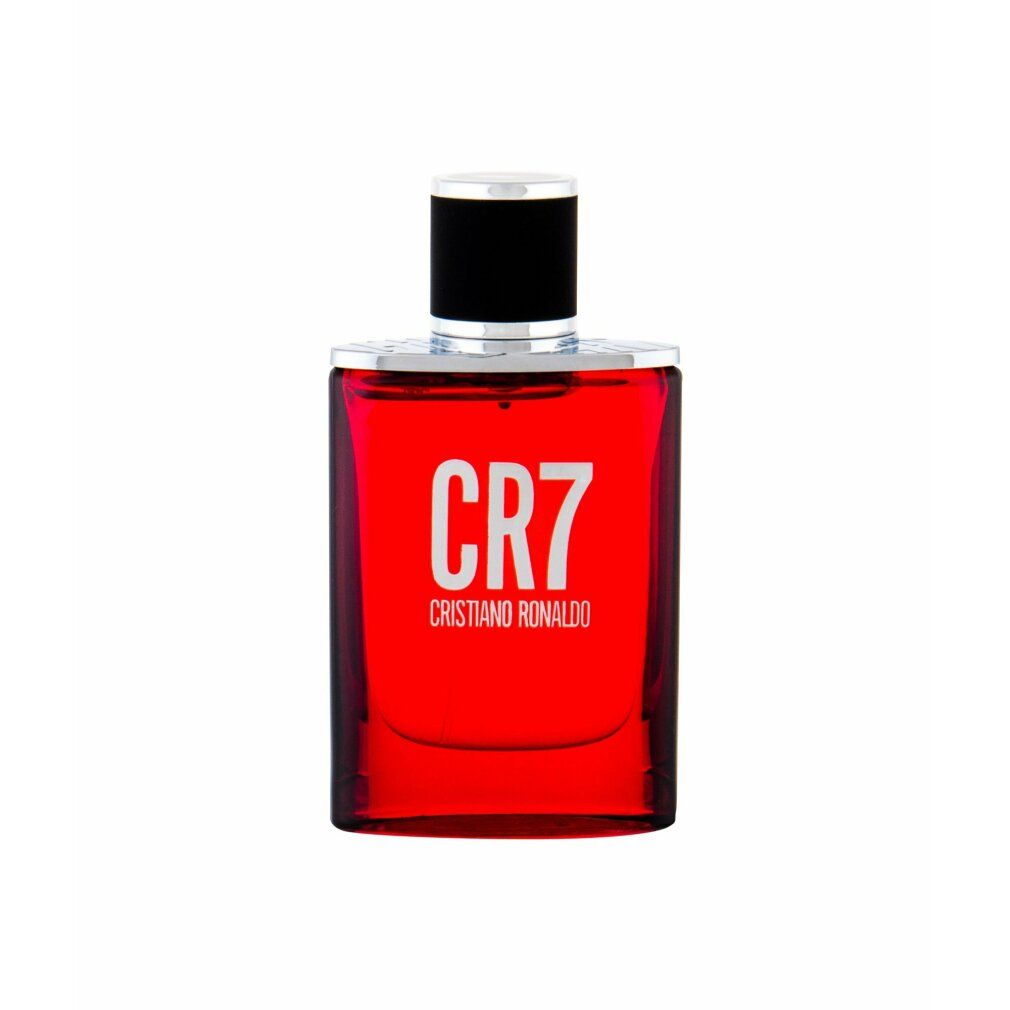 CR7 Edt Spray. Rote, rechteckige Flasche mit schwarzem Deckel und silbernem Rand. CR7-Logo.