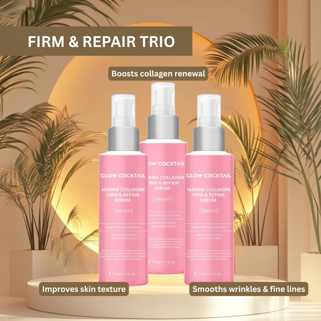 Drei Flaschen Glow Cocktail Marine Collagen Firm & Repair Serum auf Podest mit Pflanzen.