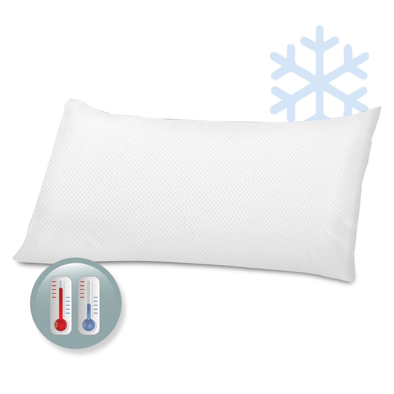 Weißes Kissen mit Kühl-Symbol (Schneeflocke) und Thermometer-Symbolen für Wärme und Kälte.
