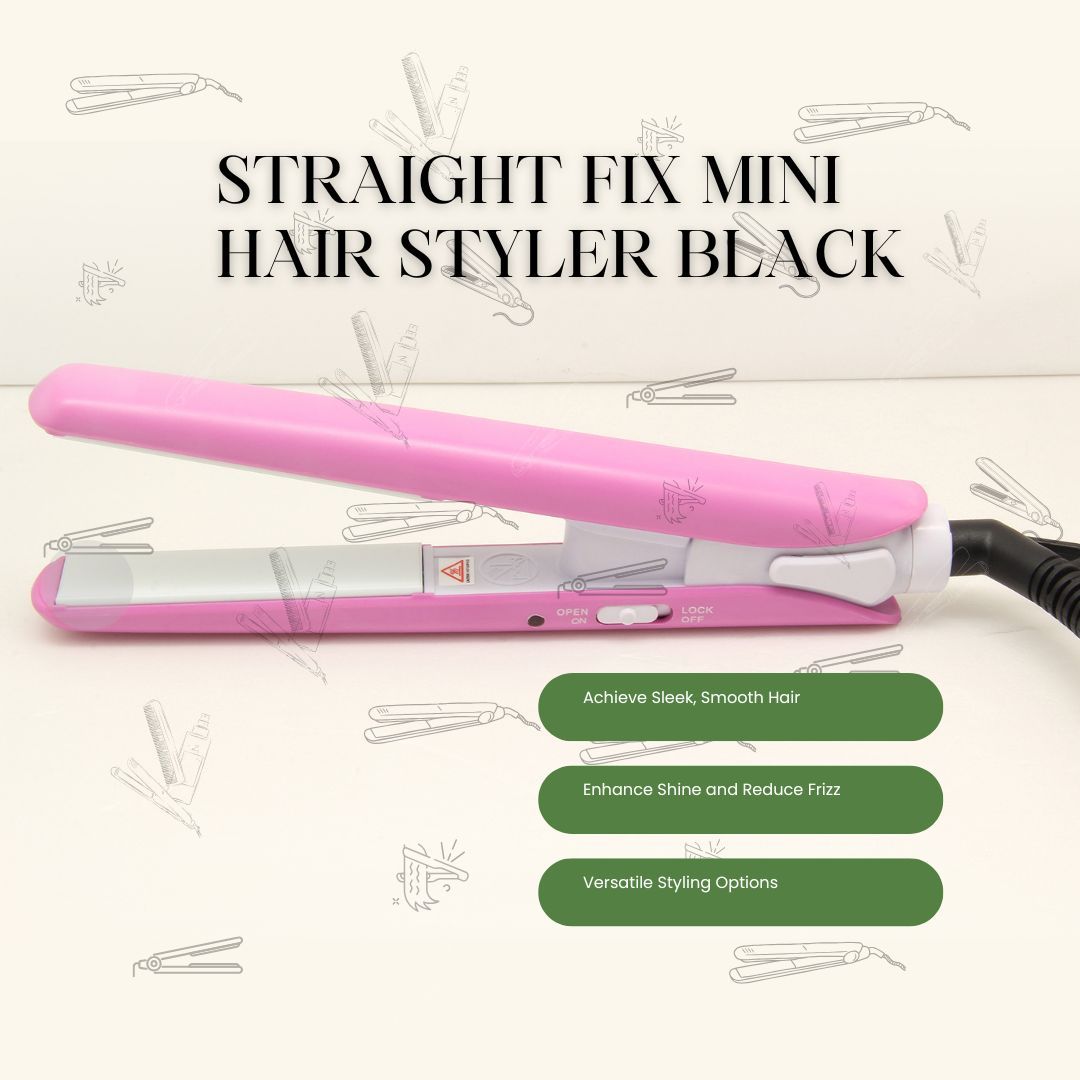 Rosa Mini-Haarglätteisen auf weißem Hintergrund. Geöffnet, mit Heizplatten. Schwarzes Kabel. Text: Straight Fix Mini Hair Styler Black.