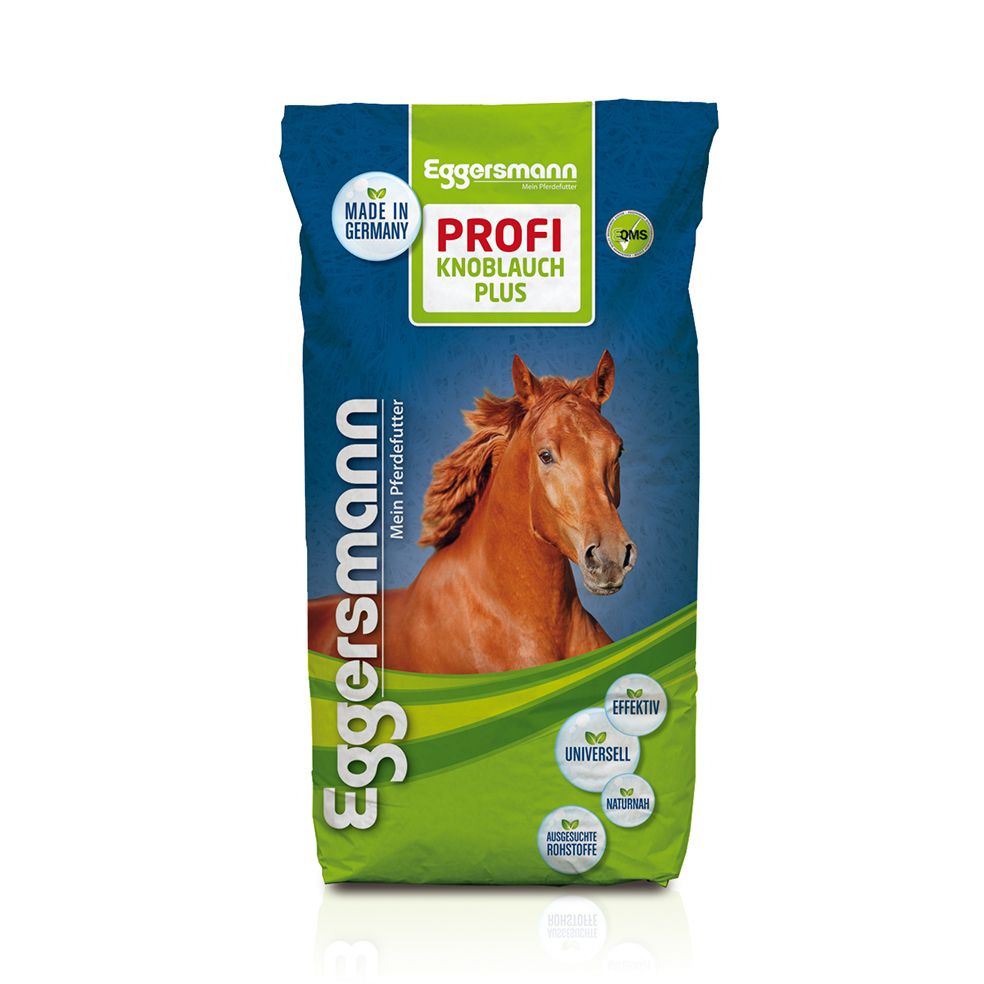 Blauer Sack mit Produktnamen EGGERSMANN Profi Knoblauch Plus. Abbildung eines Pferdes. Text: Mein Pferdefutter, Made in Germany.
