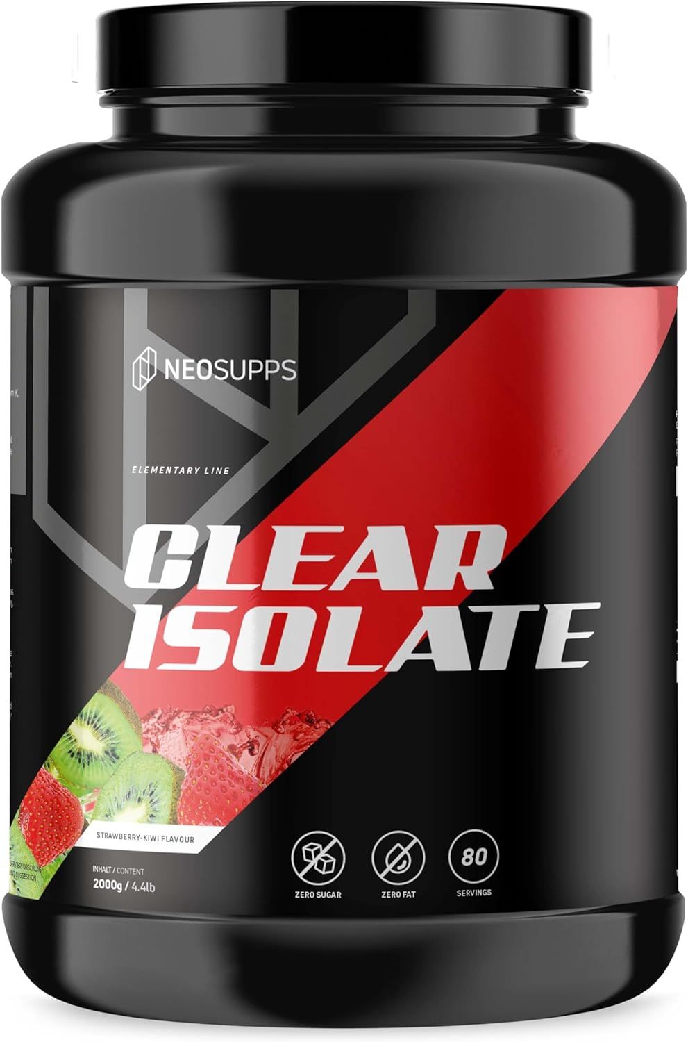 Schwarze Dose Clear Isolate. Aufschrift: Clear Isolate, Erdbeer-Kiwi Geschmack, 80 Portionen, Zero Sugar, Zero Fat.