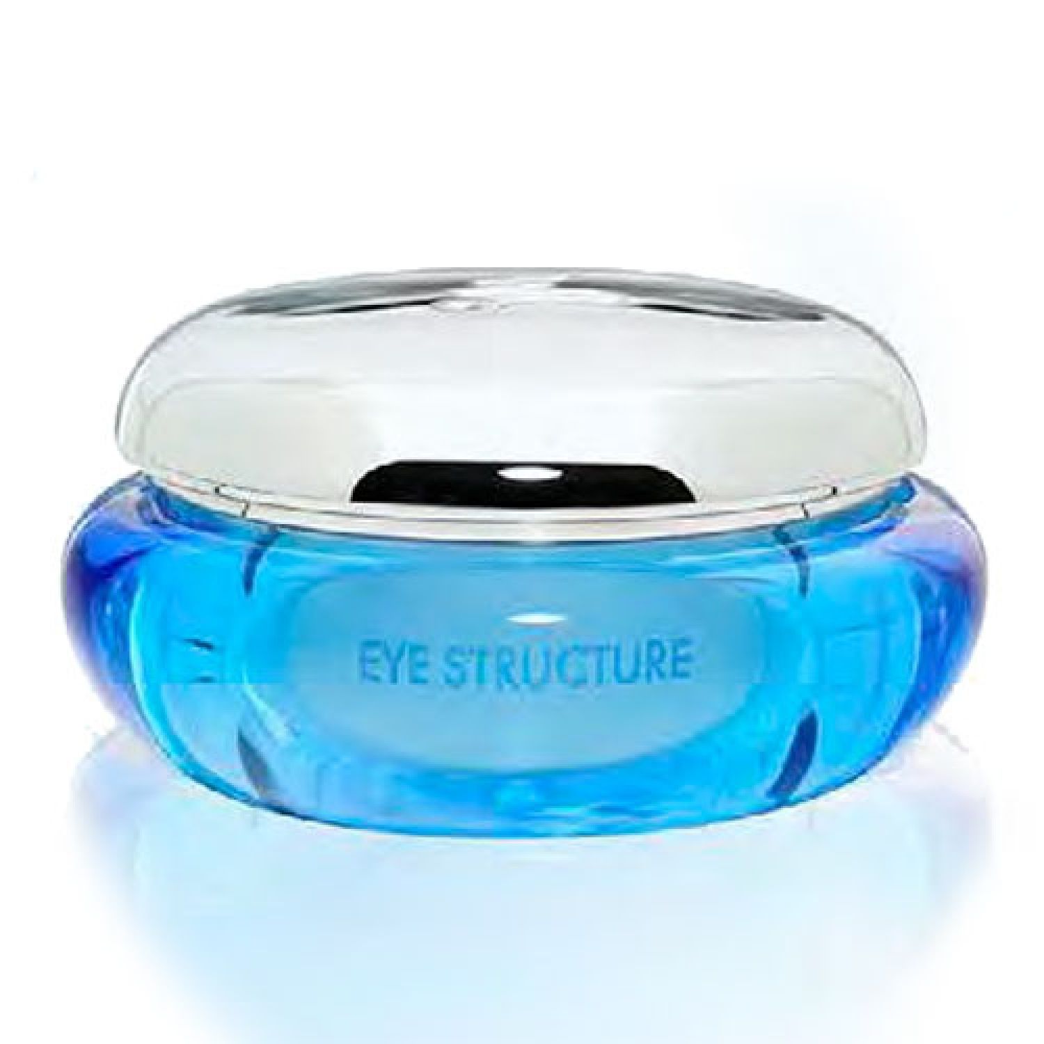 Blaues Cremeglas mit silbernem Deckel. Aufschrift: EYE STRUCTURE.