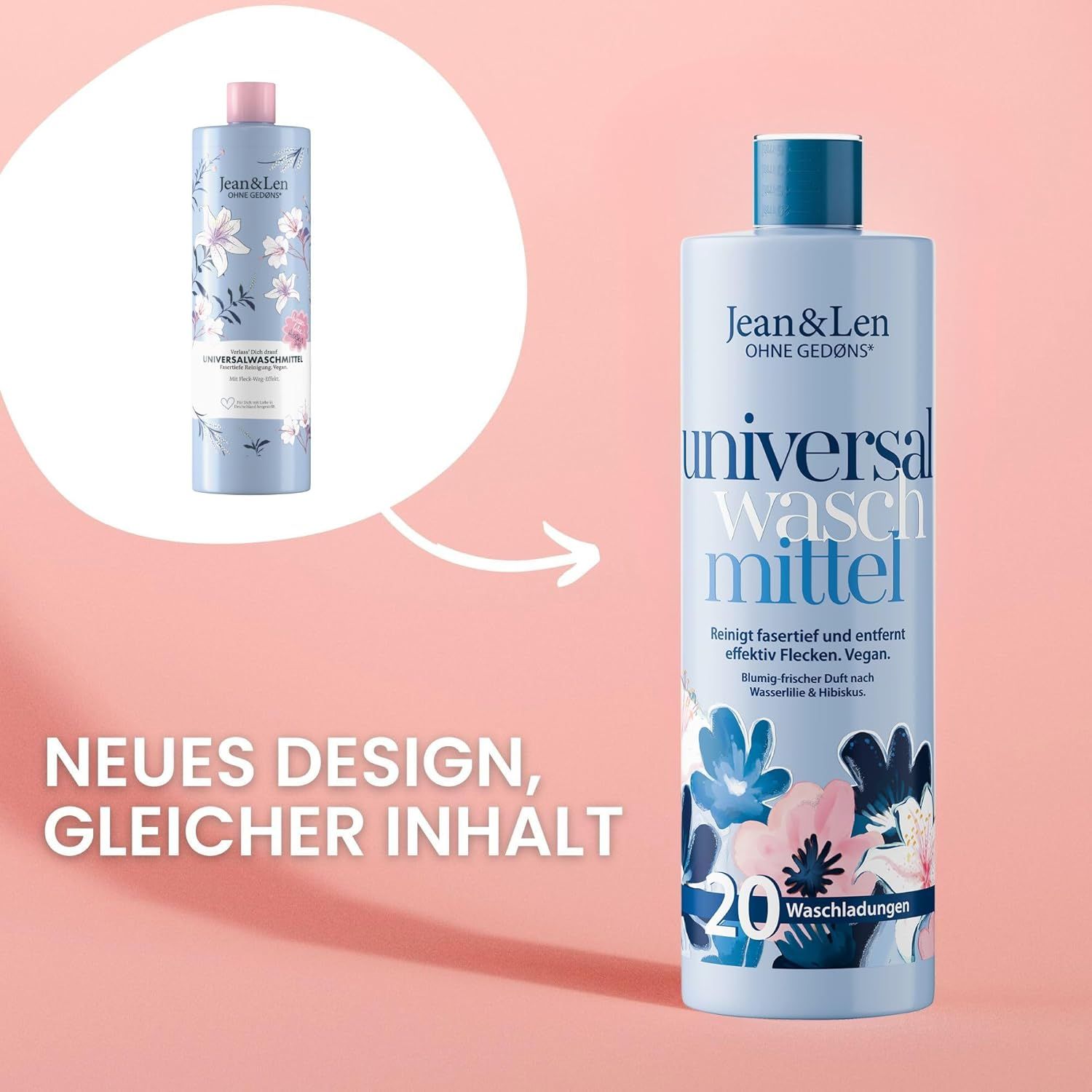 Hellblaue Flasche mit floralem Design. Text: Jean & Len Universalwaschmittel, 20 Waschladungen. Kleineres Flaschendesign.