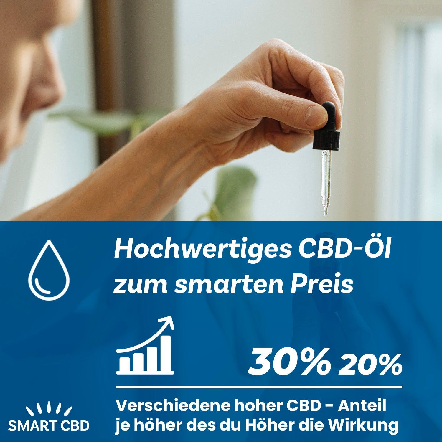 Hand hält Pipette mit Flüssigkeit. Text: "SMART CBD", "30% 20%", "Hochwertiges CBD-Öl".