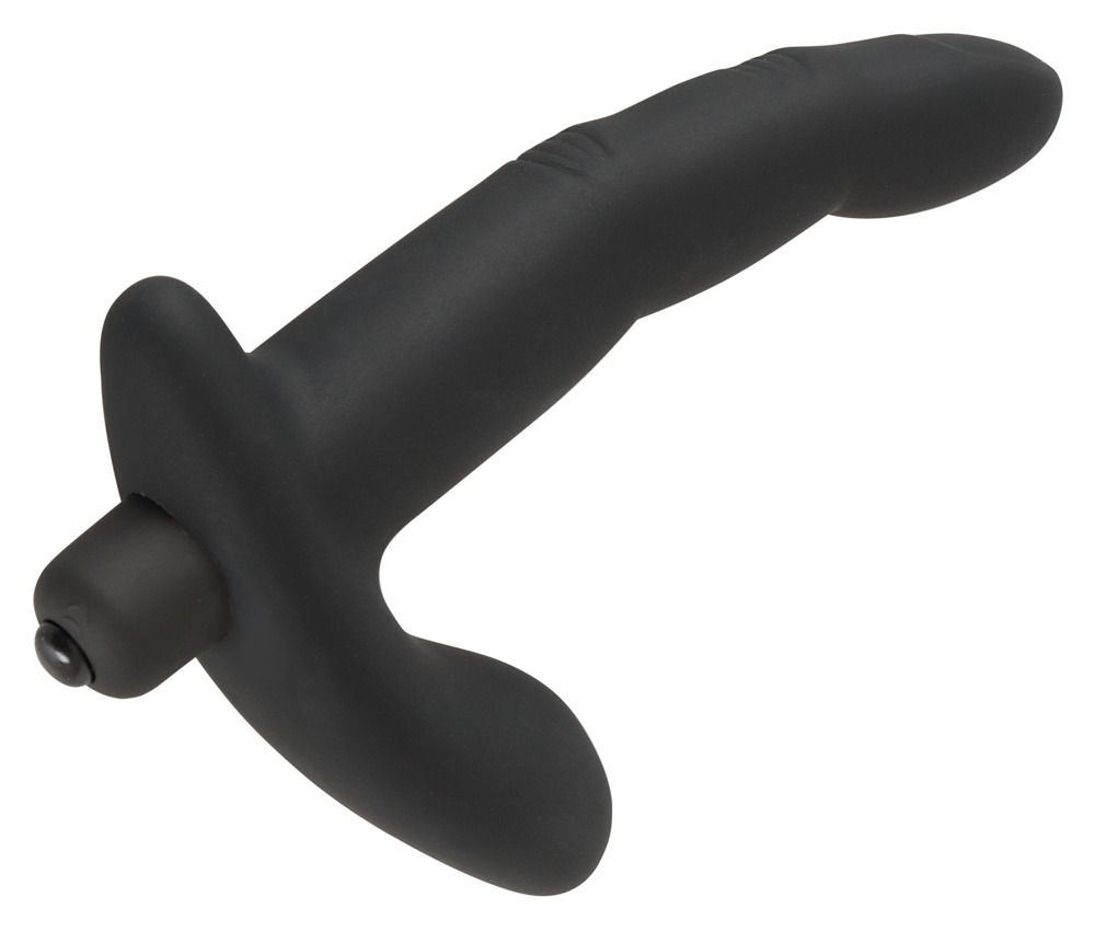 Schwarzer Vibrator mit gebogener Form. Ein Ende ist abgerundet, das andere hat eine T-Form.