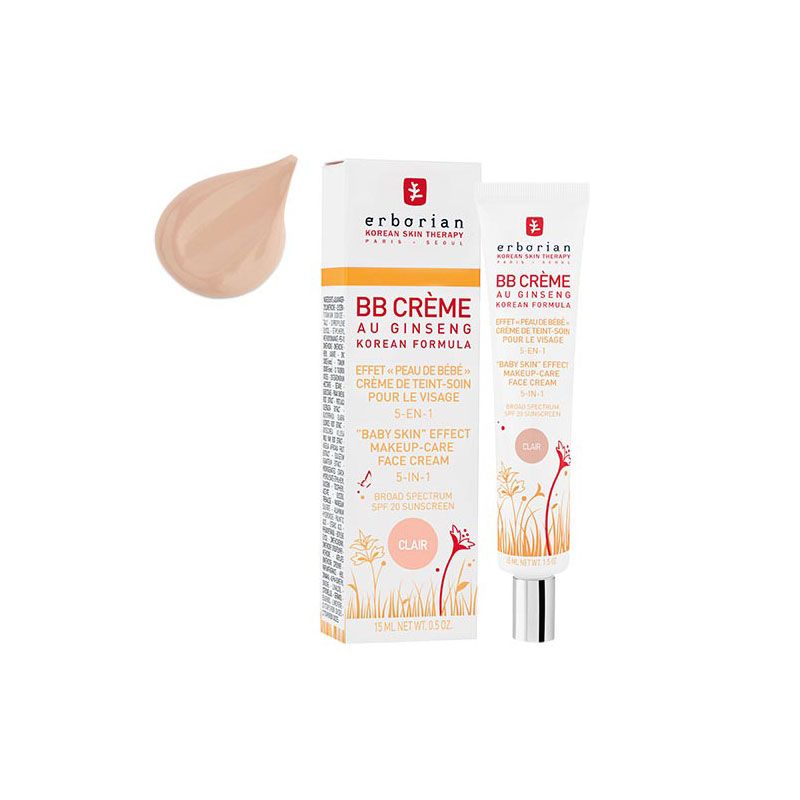Produktverpackung und Tube. Weiße Schachtel und Tube mit roter und schwarzer Schrift. Aufschrift: BB Crème. Farbklecks.
