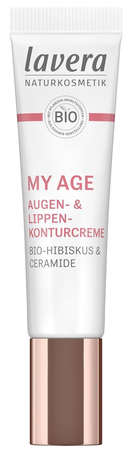 Tube Augen- & Lippenkonturcreme. Produktname und Bio-Siegel sichtbar. Text: "MY AGE Augen- & Lippenkonturcreme".
