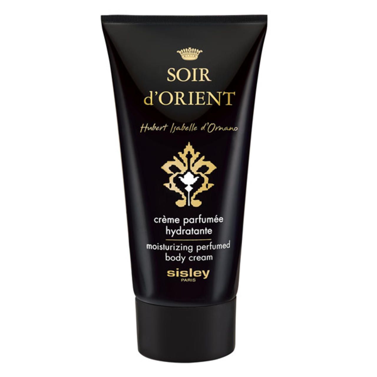 Schwarze Tube mit goldener Schrift. Soir d'Orient Crème Parfumée Hydratante Corps. Sisley Paris.