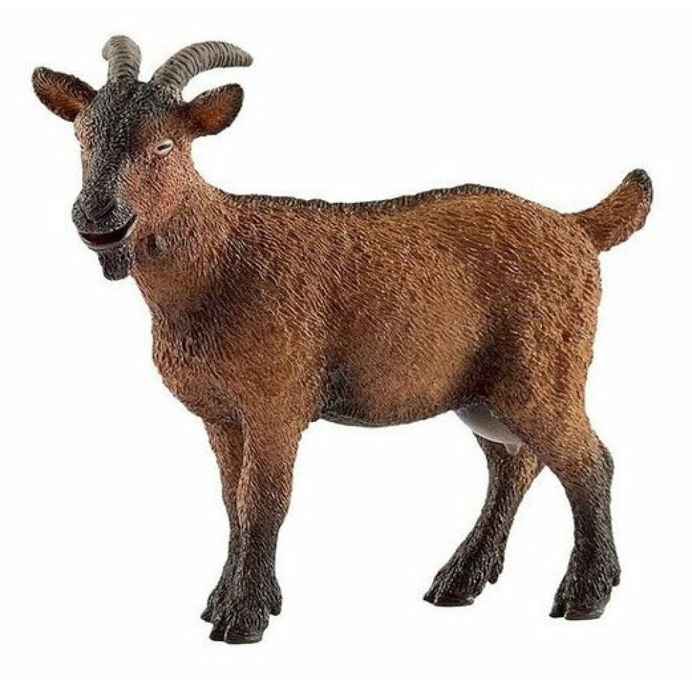 Figur einer Ziege. Braunes Fell, schwarze Beine und Hörner. Auf weißem Hintergrund.