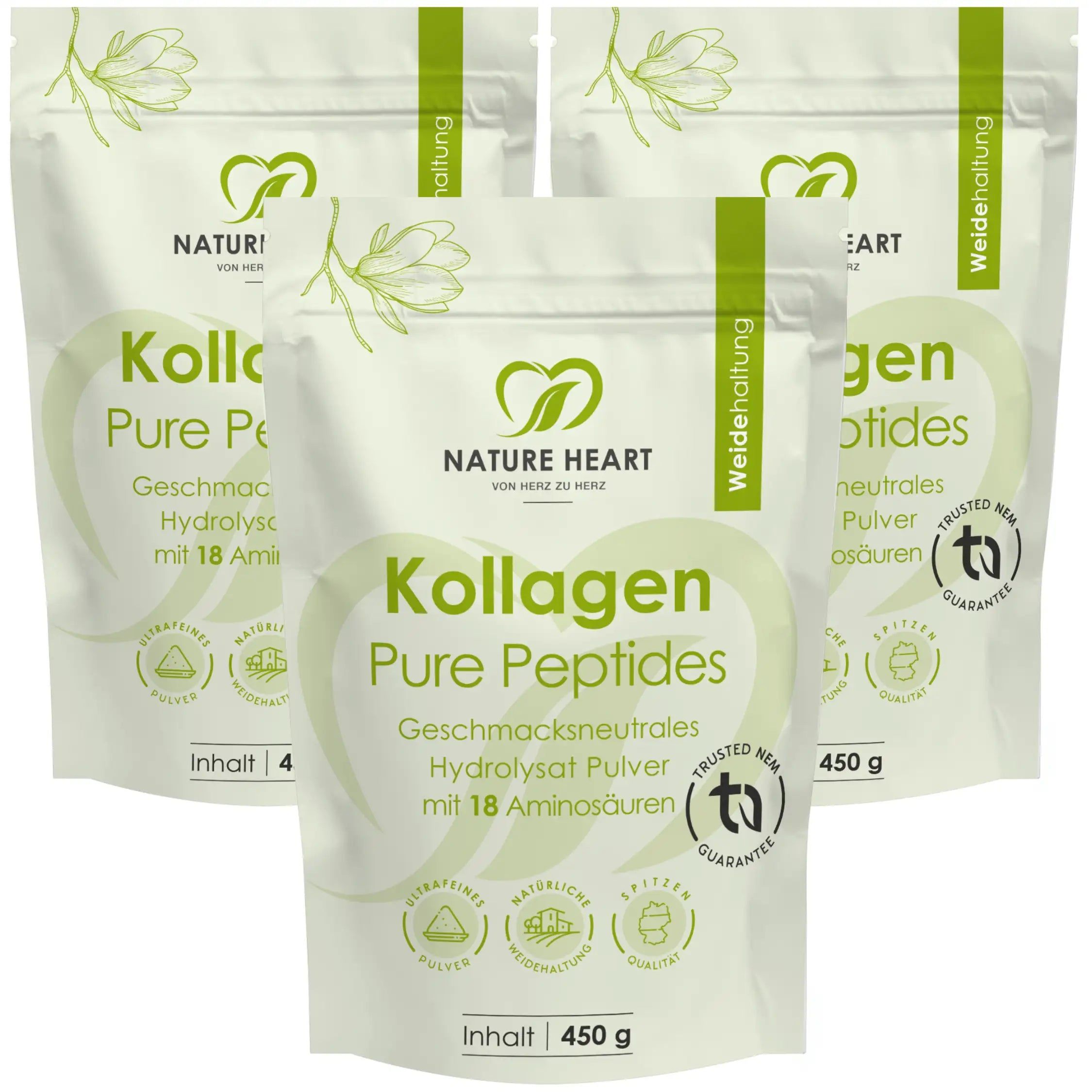 Drei Beutel Nature Heart Kollagen Pure Peptides. Weiß-grüne Verpackung mit Produktnamen, Logo und Inhaltsangabe. 450g.