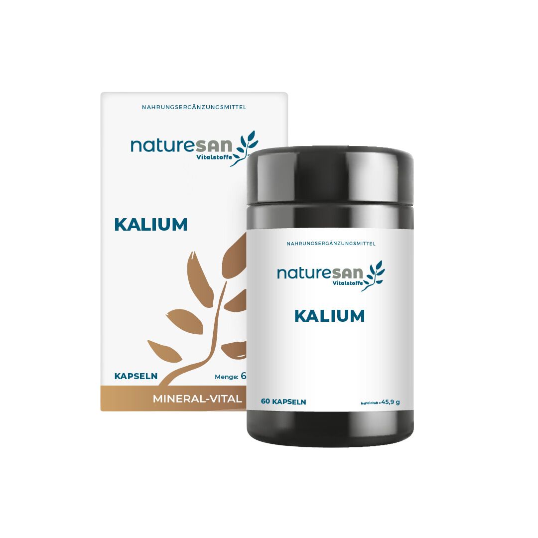 Dunkle Dose und Karton. Aufschrift: Naturesan Kalium, 60 Kapseln. Nahrungsergänzungsmittel. Mineral-Vital.