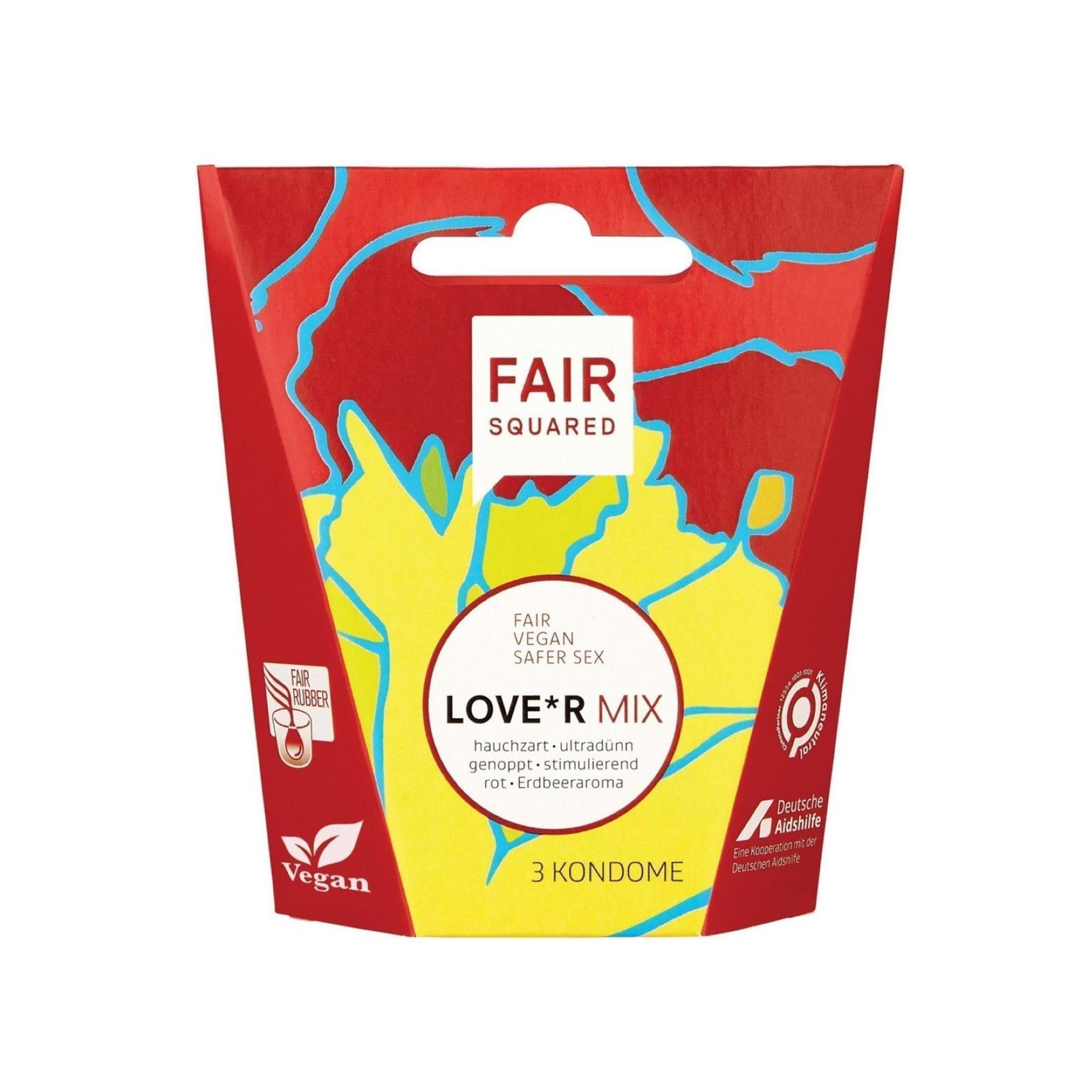 Verpackung von Fair Squared Love*r Mix. Rote und gelbe Farben. Text: Fair Squared, Love*r Mix, 3 Kondome. Vegan-Siegel.