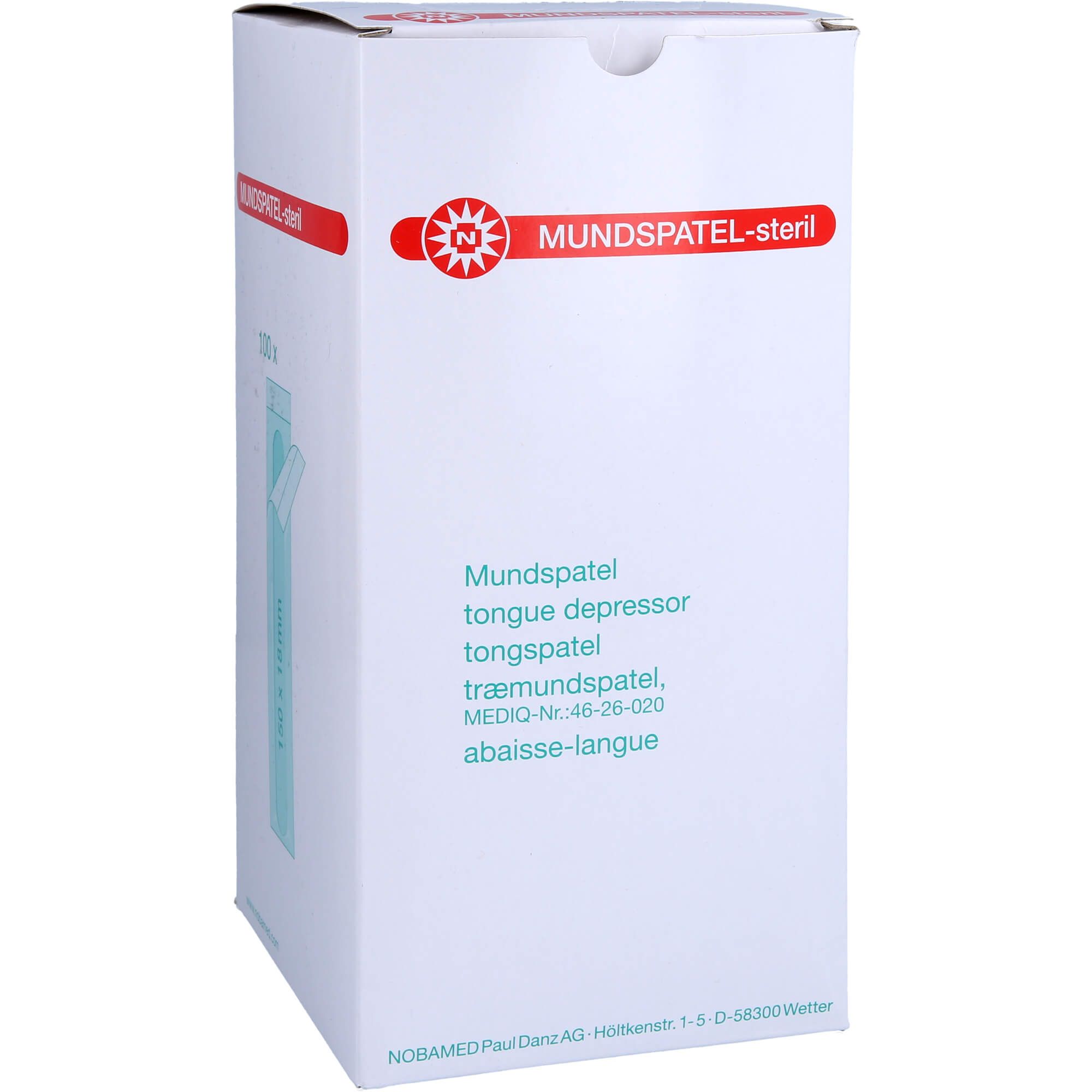 Weiße Verpackung mit rotem Logo und Schriftzug "Mundspatel-steril". Mehrsprachige Produktbezeichnungen. Ein Mundspatel ist sichtbar.