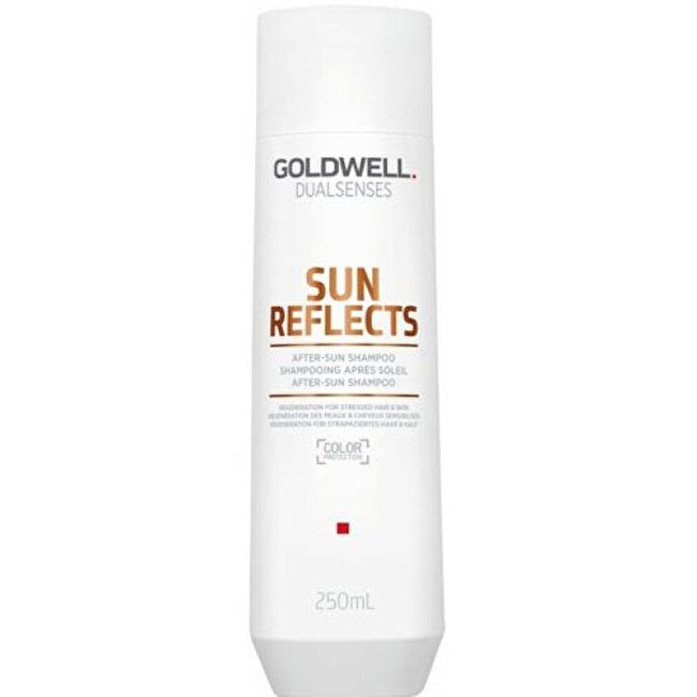 Weißes Shampoo mit gelbem Schriftzug SUN REFLECTS. Goldwell Dualsenses. 250 ml. After-Sun Shampoo.