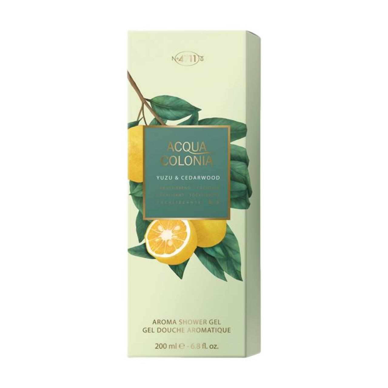 Hohe, rechteckige Schachtel. Text: Acqua Colonia, Yuzu & Cedarwood, Aroma Shower Gel. Abbildung: Yuzu-Früchte und Blätter.