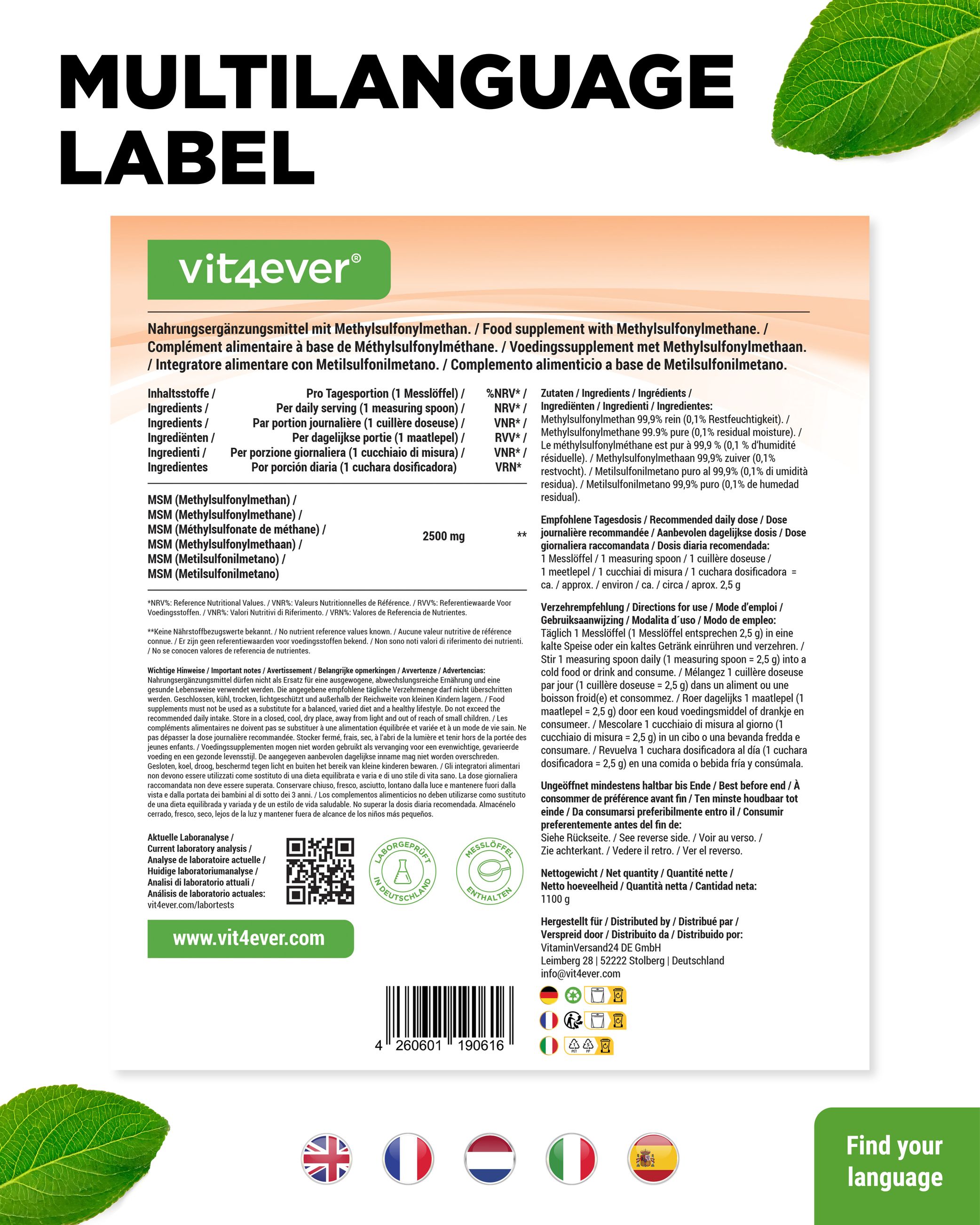 Mehrsprachiges Etikett mit Produktinformationen. Enthält Text in verschiedenen Sprachen und Logos.