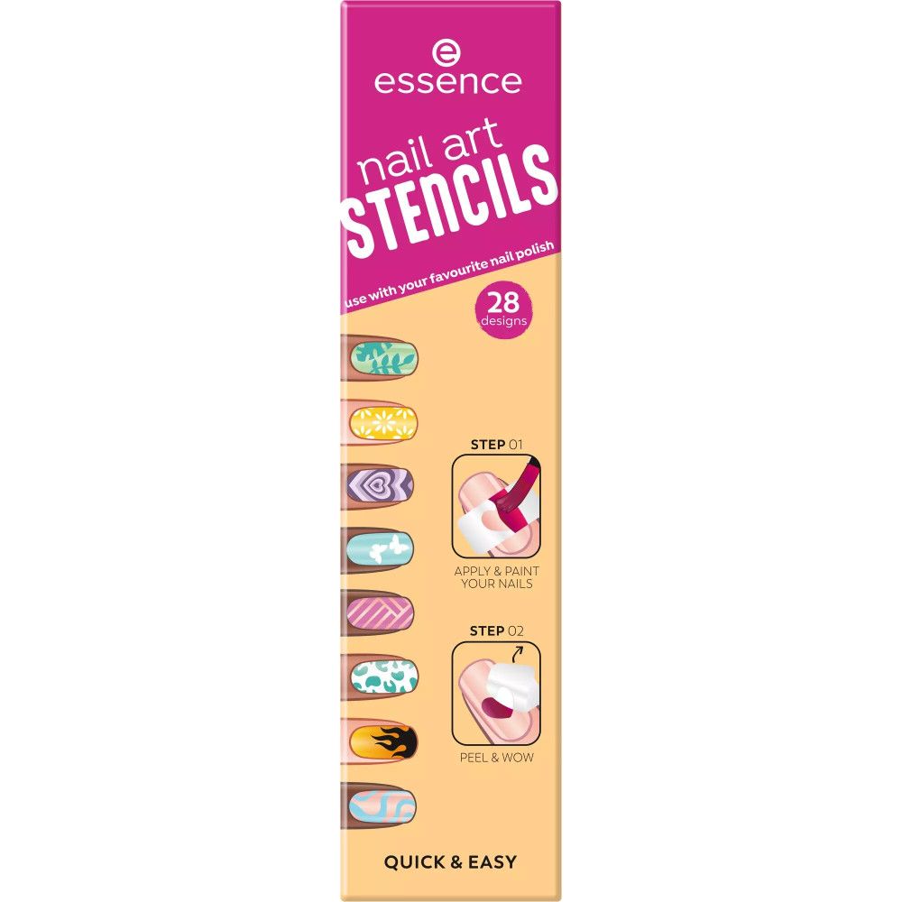 Essence Nagelkunst Schablonen-Verpackung. Rosa und gelb. Enthält 28 Designs. Anwendungsbeispiele und Produktname deutlich sichtbar.