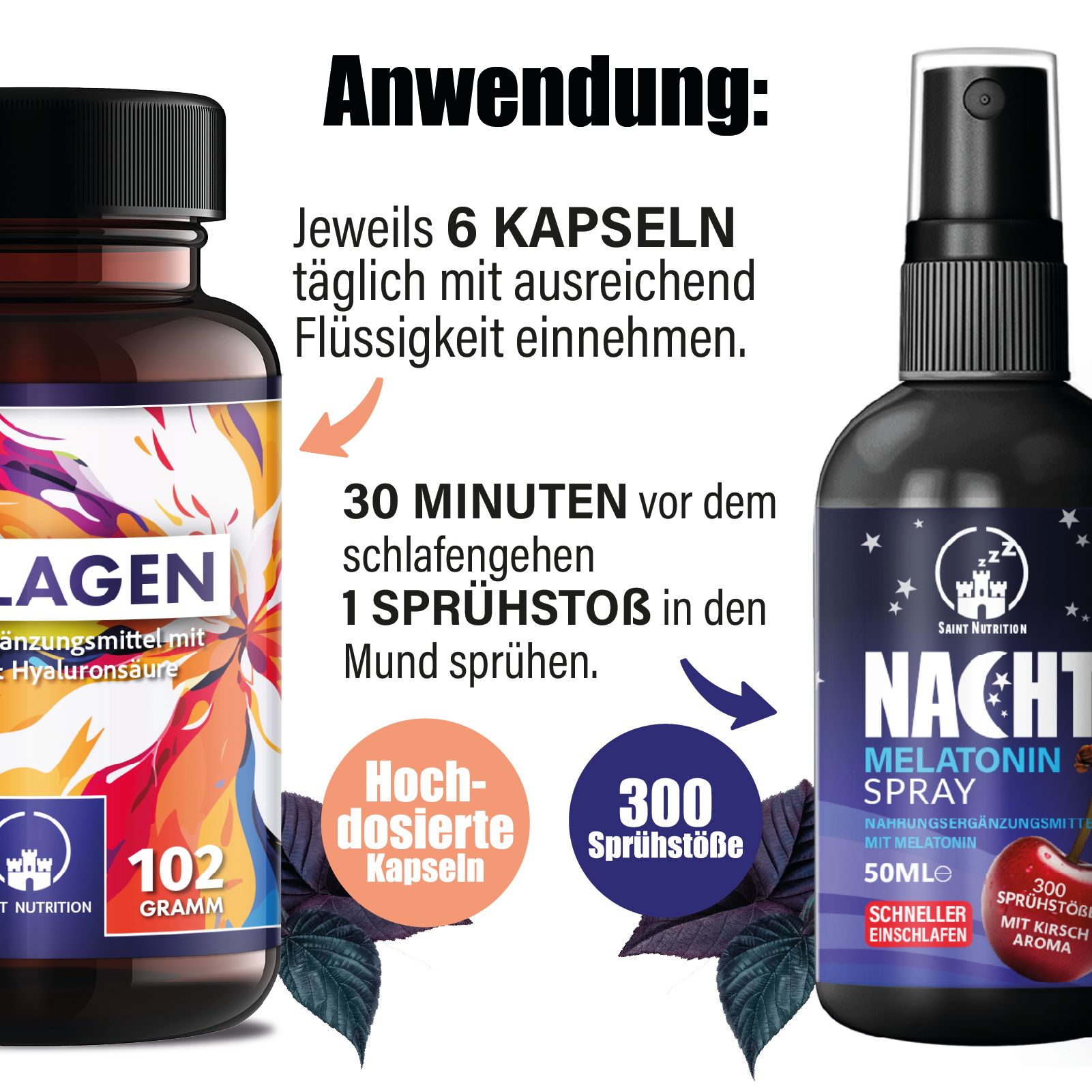 Kapsel-Dose und Sprayflasche. Anwendungshinweise: 6 Kapseln täglich, 1 Sprühstoß in den Mund. 300 Sprühstöße.