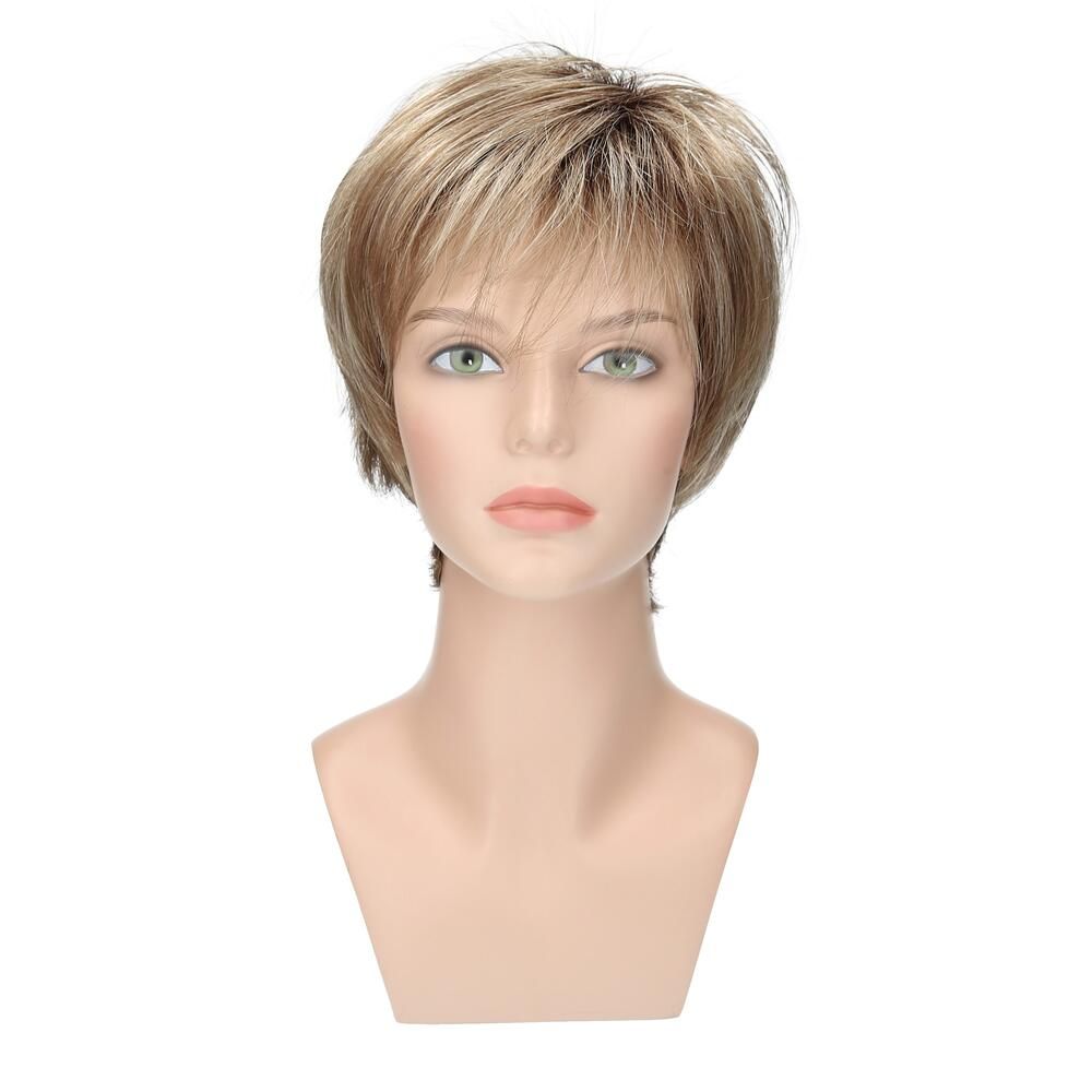 Perücke Maxi von trendhair in Mittel-/Hellblond, dunkler Ansatz, auf einem Schaufensterkopf. Frontansicht.