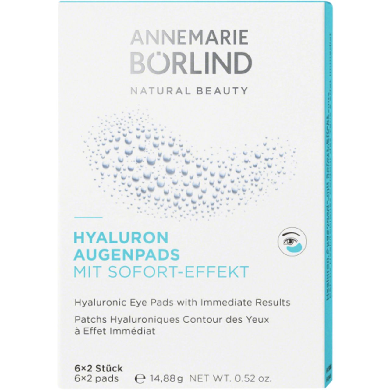 Verpackung Augenpads. Marke: ANNEMARIE BÖRLIND. Text: Hyaluron Augenpads mit Sofort-Effekt. 6x2 Pads.