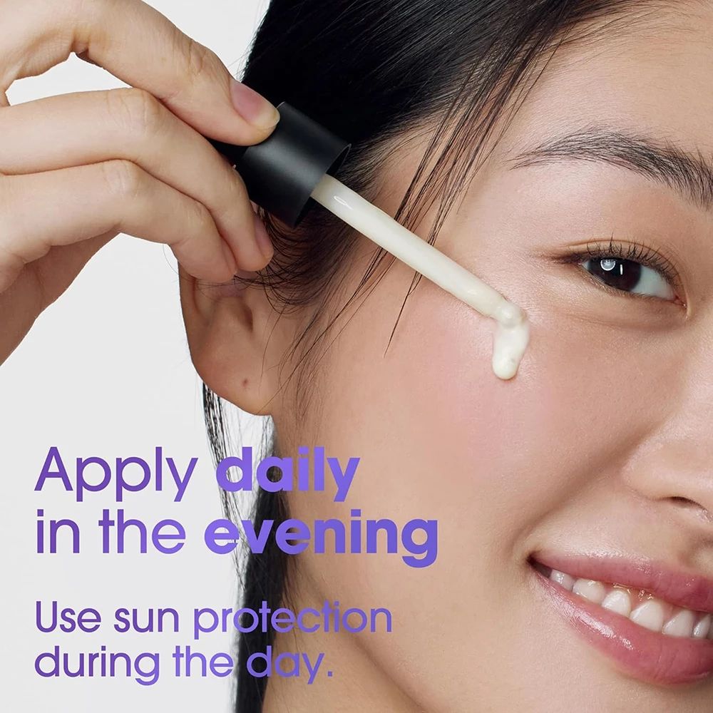 Frau, die Serum mit einer Pipette auf ihr Gesicht aufträgt. Text: Apply daily in the evening. Use sun protection during the day.