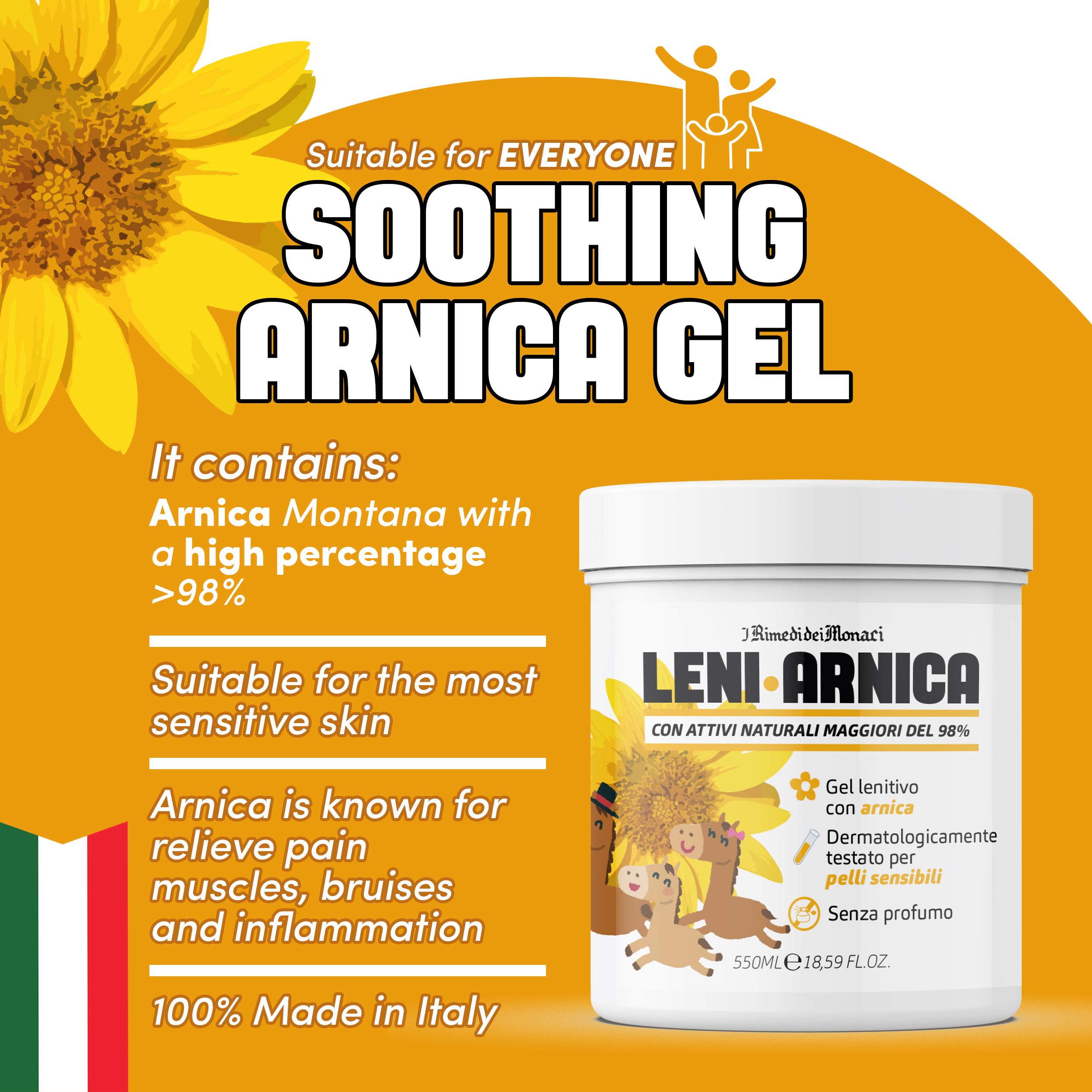 Weißer Tiegel mit Aufschrift. Gel Arnica Lenitivo, dermatologisch getestet, ohne Parfüm. Mit Sonnenblumen und Logo.