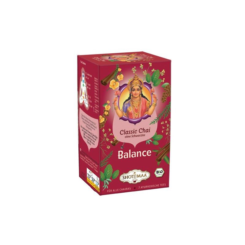 Rote Schachtel mit Aufdruck. Aufschrift: Classic Chai Balance. Logo: Shoti Maa. Bio-Siegel. Abbildung einer Frau.